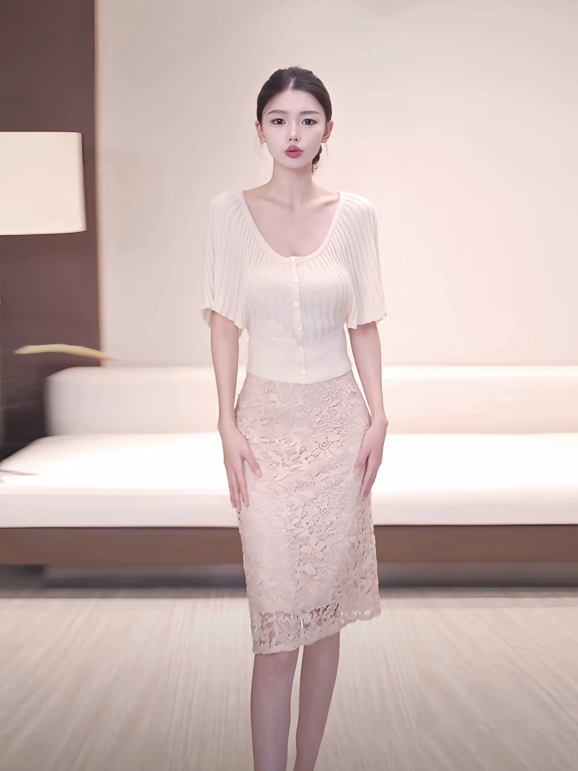 봄날 사역 살구 따뜻한 여가 시리아 장기 Pleat 반팔 맨위 레이스 반신 치마 세트 장기 Pleat 라운드 넥 니트 맨위 상세 이미지 2