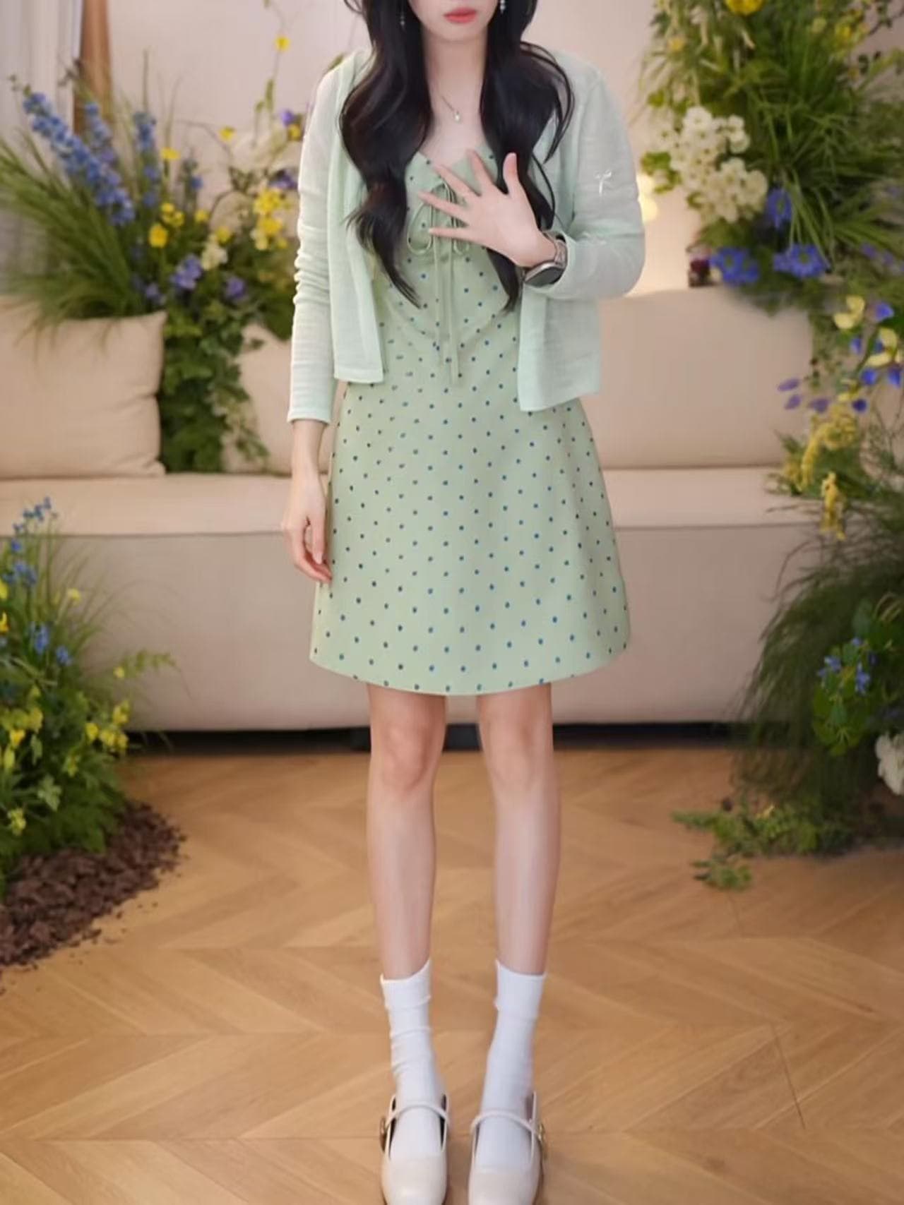 프랑스식 부드러운 바람 도트 무늬 슬립 여성 드레스 2026 새로운 품격 허리 수축 고유 한 Chic 달콤함 작은 치마 이미지 2