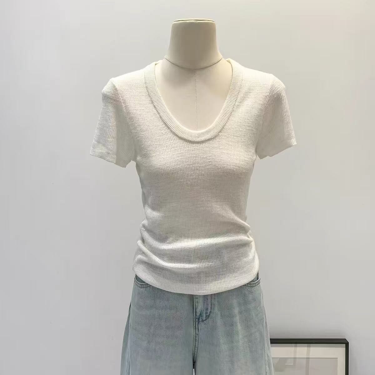 u 칼라 아마 자이언트 잘 생긴 ~ 중 미니멀리즘 초기 여름 작은 맨위 니트 스웨터 반팔 티셔츠 여성 2026 새로운 품격 상세 이미지 1