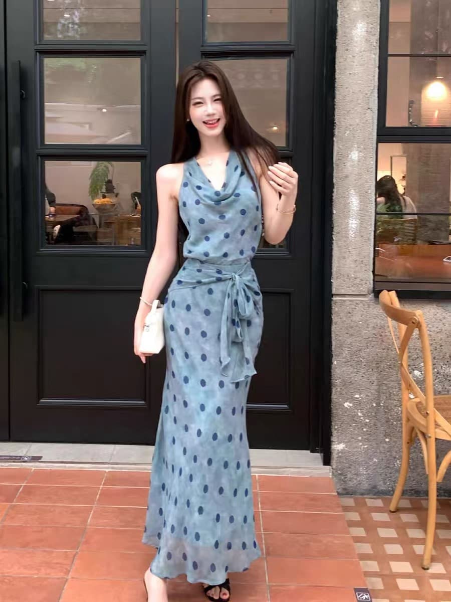 무쯔리 목자이 ~ 중 리 민소매 행침 목 흔들다 칼라 스트랩 허리 수축 쉬폰 톱 도루 센스 반신 스커트 도트 무늬 프린트 세트