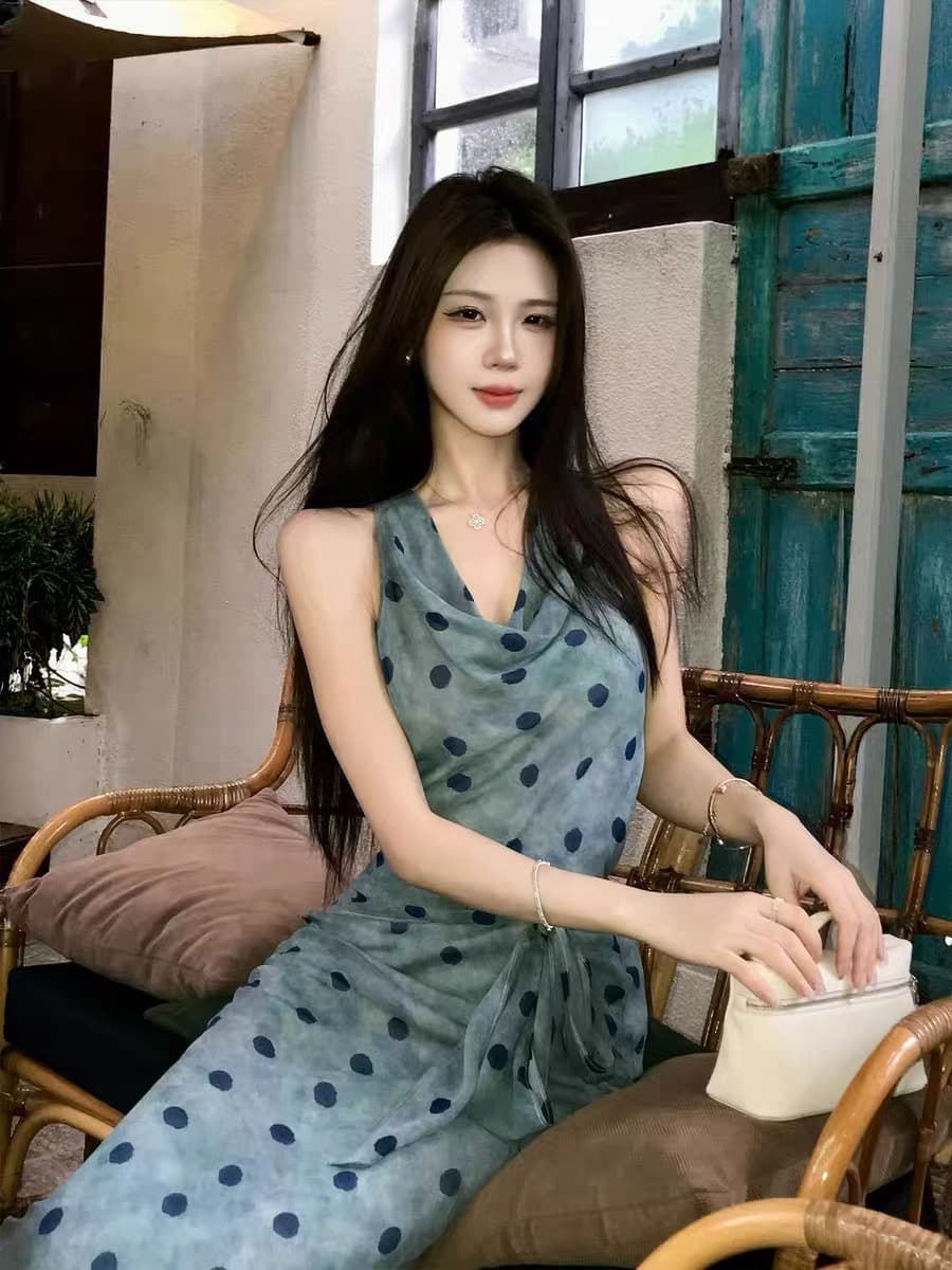 무쯔리 목자이 ~ 중 리 민소매 행침 목 흔들다 칼라 스트랩 허리 수축 쉬폰 톱 도루 센스 반신 스커트 도트 무늬 프린트 세트 상세 이미지 4