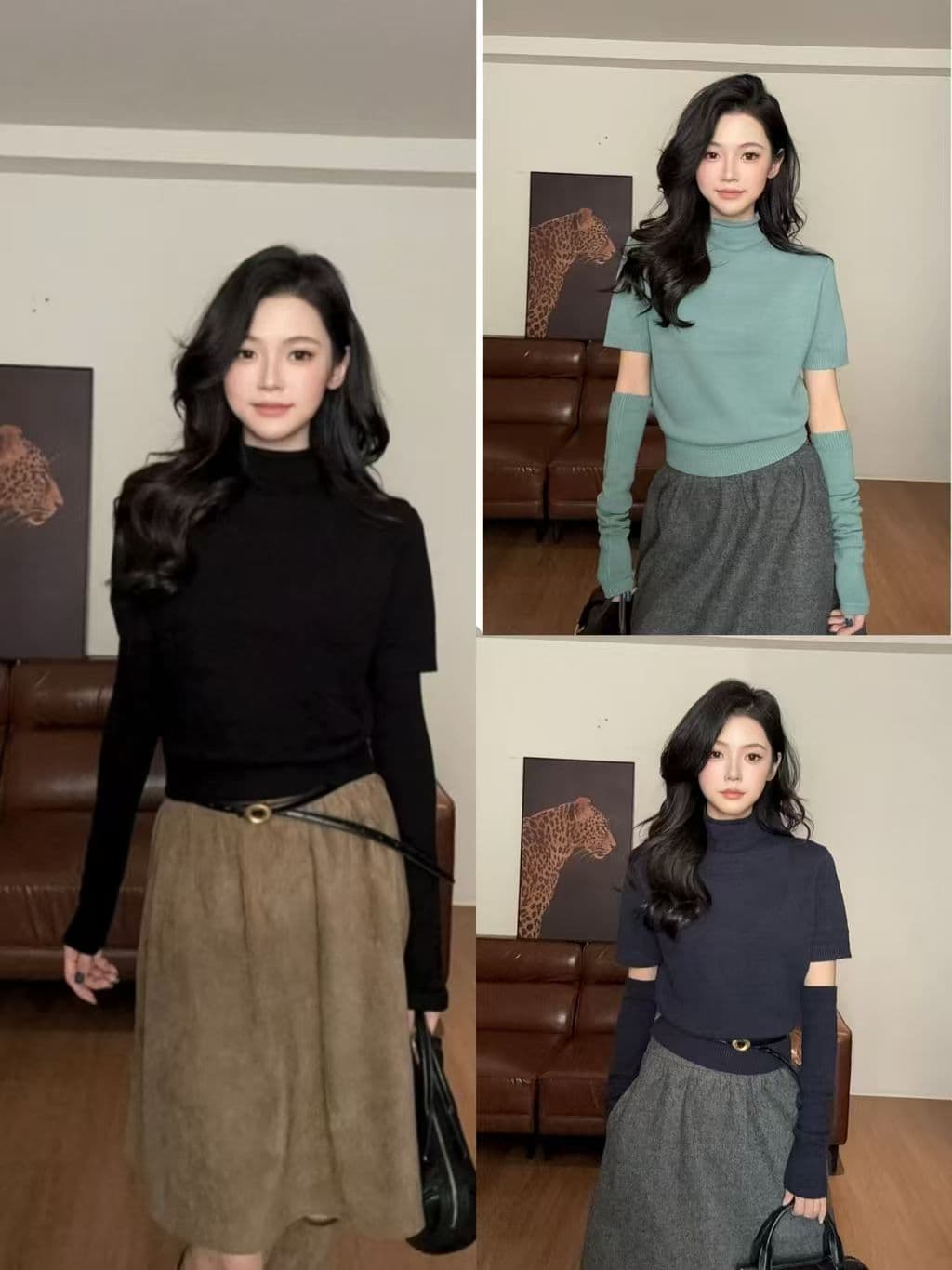 하이웨이스트 슬림해 보이는 다용도 캐주얼 펌프 Pleat 꽃밭 한 마디 맨위 반신 스커트 여성 뜨개질 세트