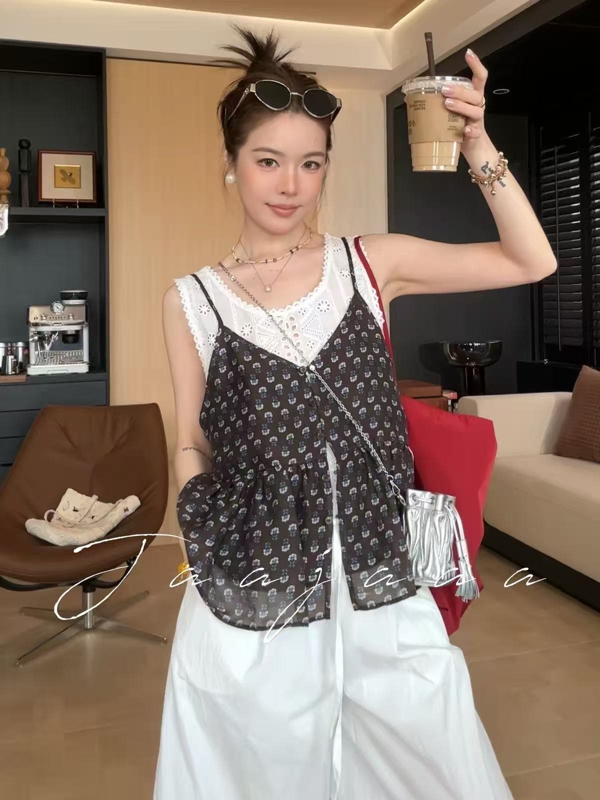 jaajaaa 구름 여름 빛 셔츠 하나 거리 트렌디 바람 부드럽다 스택 가져 가라. 레이스 홀로우 아웃 캐미솔 세트 fcgf 상세 이미지 4