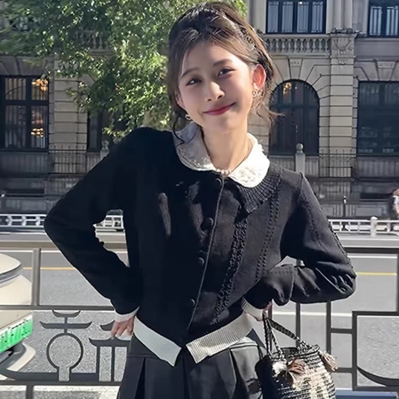선적 작은 샤넬 스타일 배색 패치워크 긴팔 니트 오픈 가디건 여성 가을 아름다운 연령 감소 인형 셔츠 맨위 상세 이미지 1