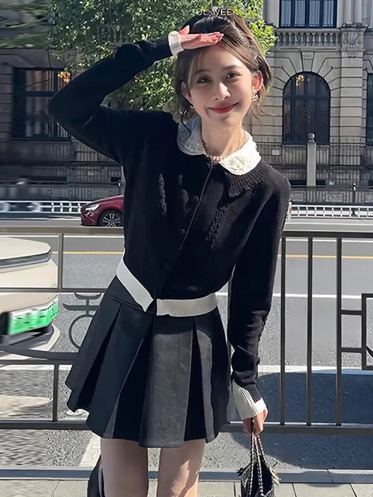 선적 작은 샤넬 스타일 배색 패치워크 긴팔 니트 오픈 가디건 여성 가을 아름다운 연령 감소 인형 셔츠 맨위 상세 이미지 2