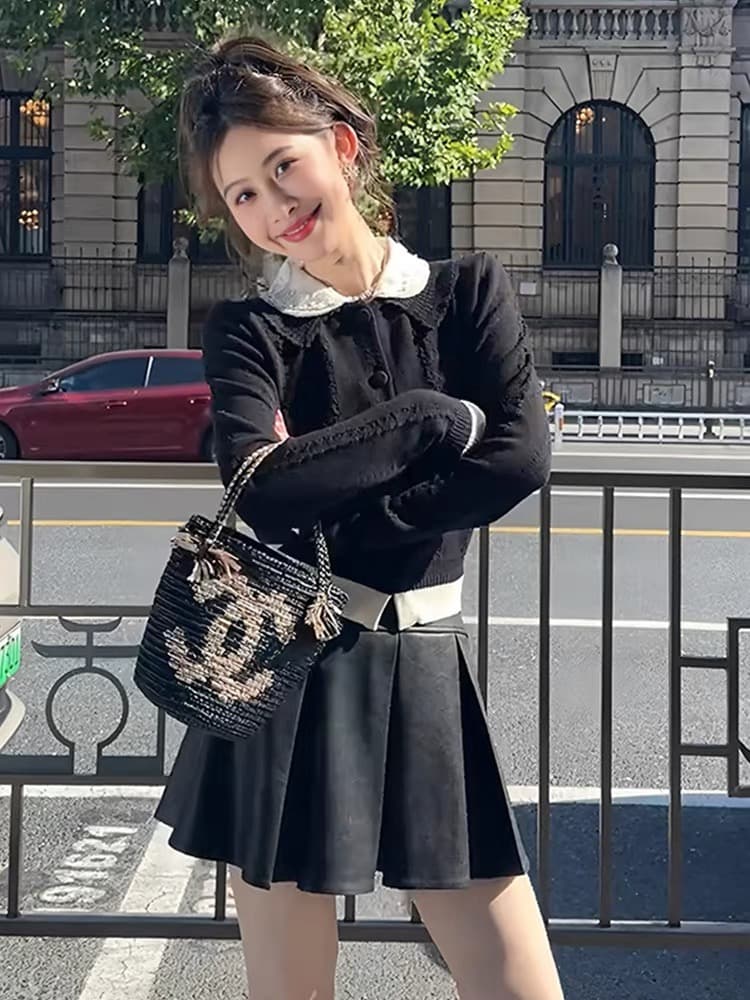 선적 작은 샤넬 스타일 배색 패치워크 긴팔 니트 오픈 가디건 여성 가을 아름다운 연령 감소 인형 셔츠 맨위 상세 이미지 8