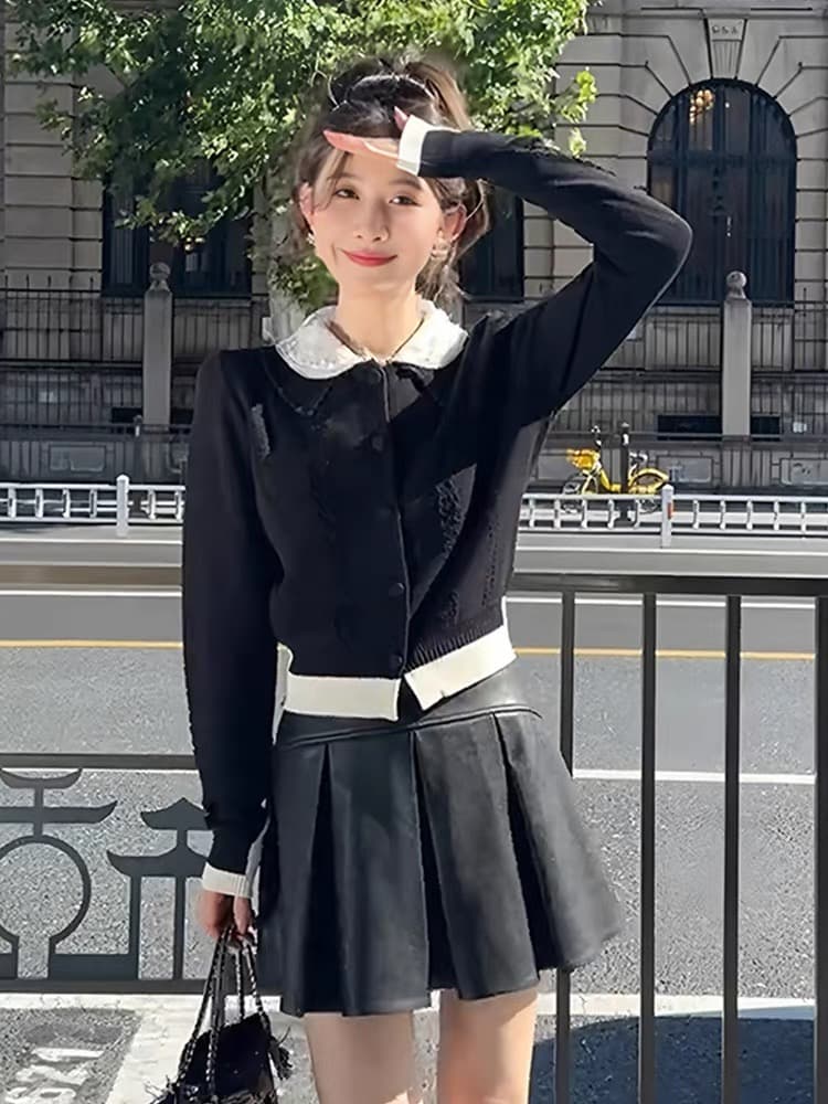 선적 작은 샤넬 스타일 배색 패치워크 긴팔 니트 오픈 가디건 여성 가을 아름다운 연령 감소 인형 셔츠 맨위 상세 이미지 10