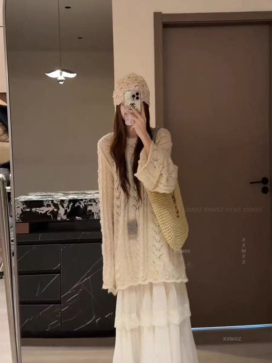 한국 동대문 이른 봄 새로운 나만의 것을 가져와 라. 분위기 느긋한 바람 품격 롱 코트 패션 프랑스식 부드러운 홀로우 아웃 스웨터 상세 이미지 4