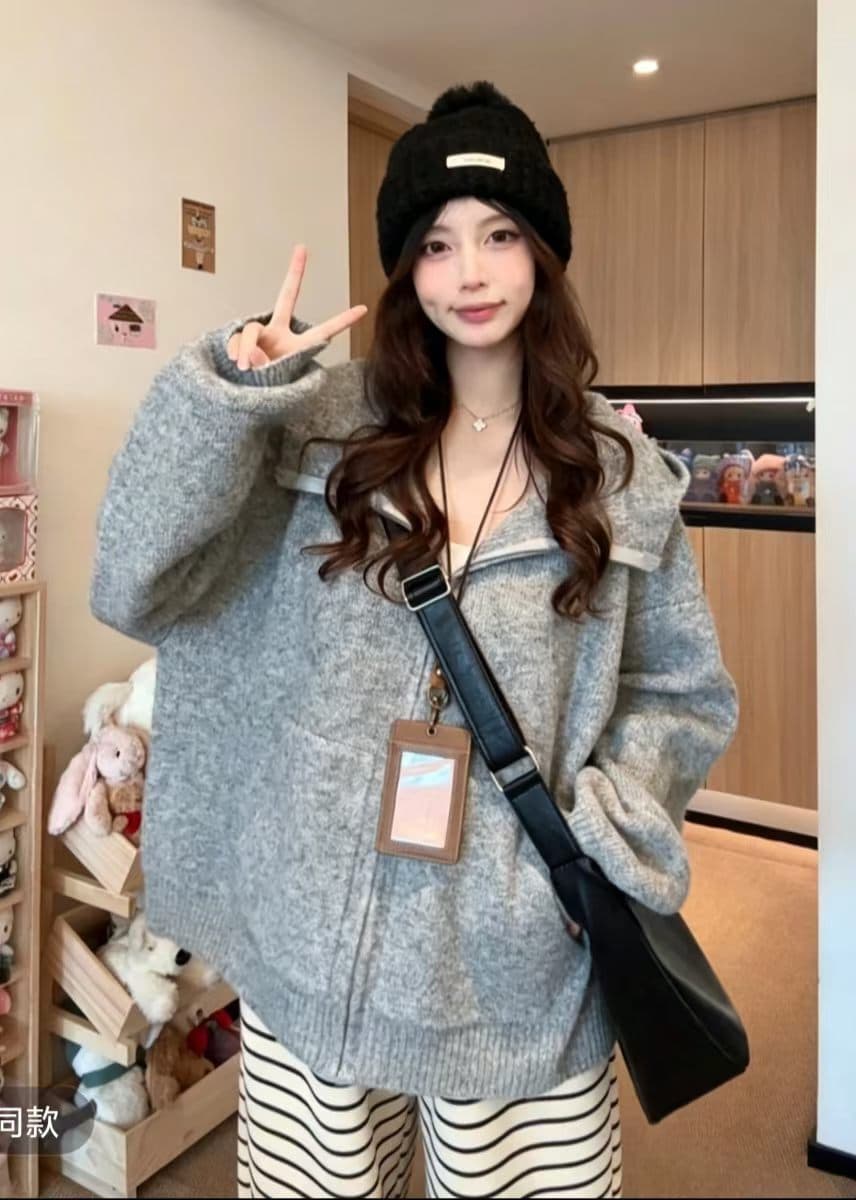 한 부서 착용 가져 가라. 느슨함 센스 후드 지퍼 니트 스웨터 스웨터 여자 가을 겨울철 느긋한 바람 디자인 센스 재킷 맨위 이미지 2