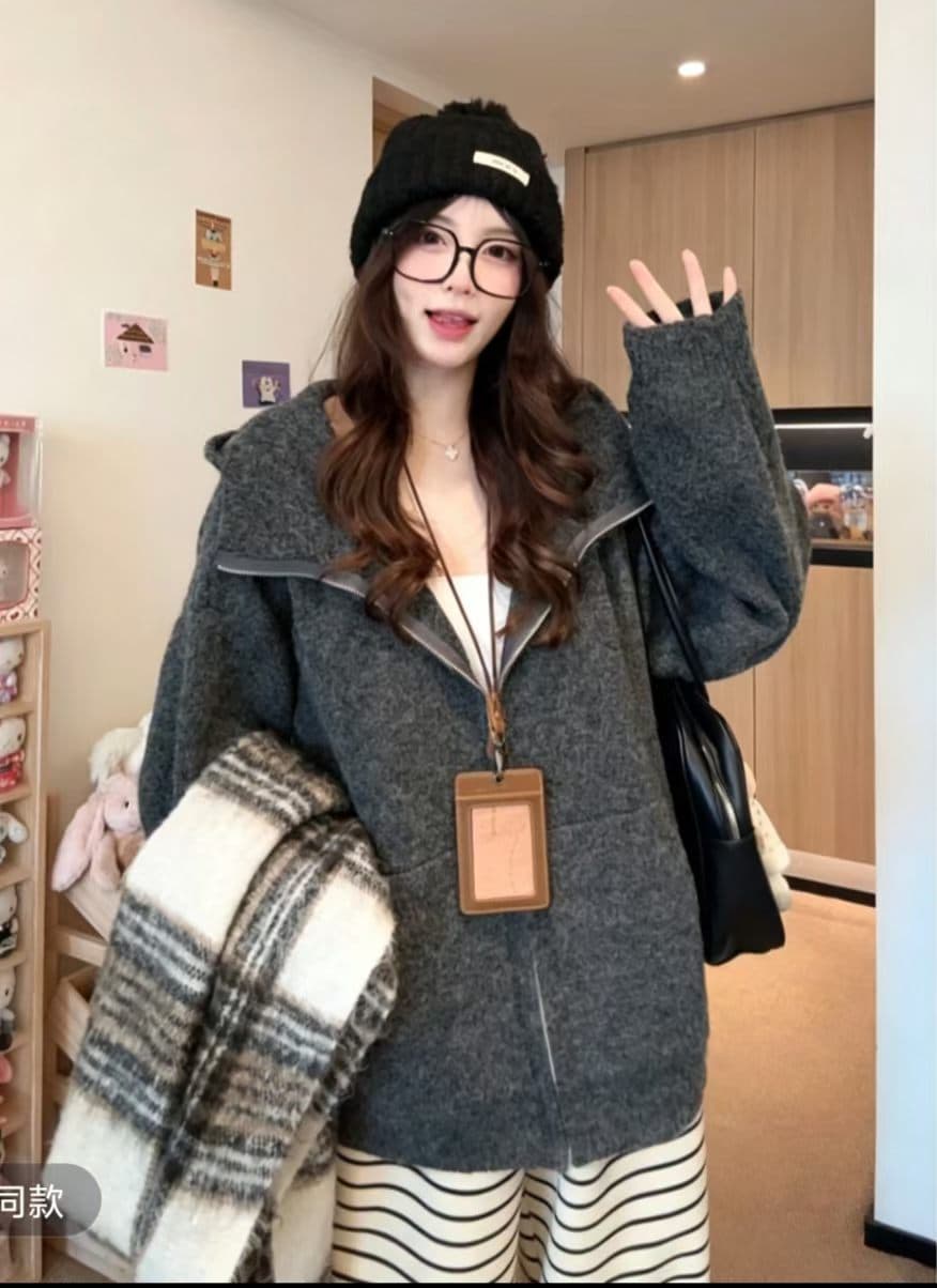 한 부서 착용 가져 가라. 느슨함 센스 후드 지퍼 니트 스웨터 스웨터 여자 가을 겨울철 느긋한 바람 디자인 센스 재킷 맨위 이미지 4