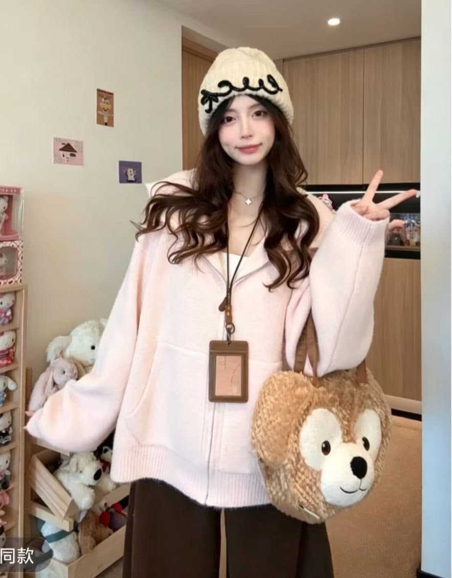 한 부서 착용 가져 가라. 느슨함 센스 후드 지퍼 니트 스웨터 스웨터 여자 가을 겨울철 느긋한 바람 디자인 센스 재킷 맨위 상세 이미지 3