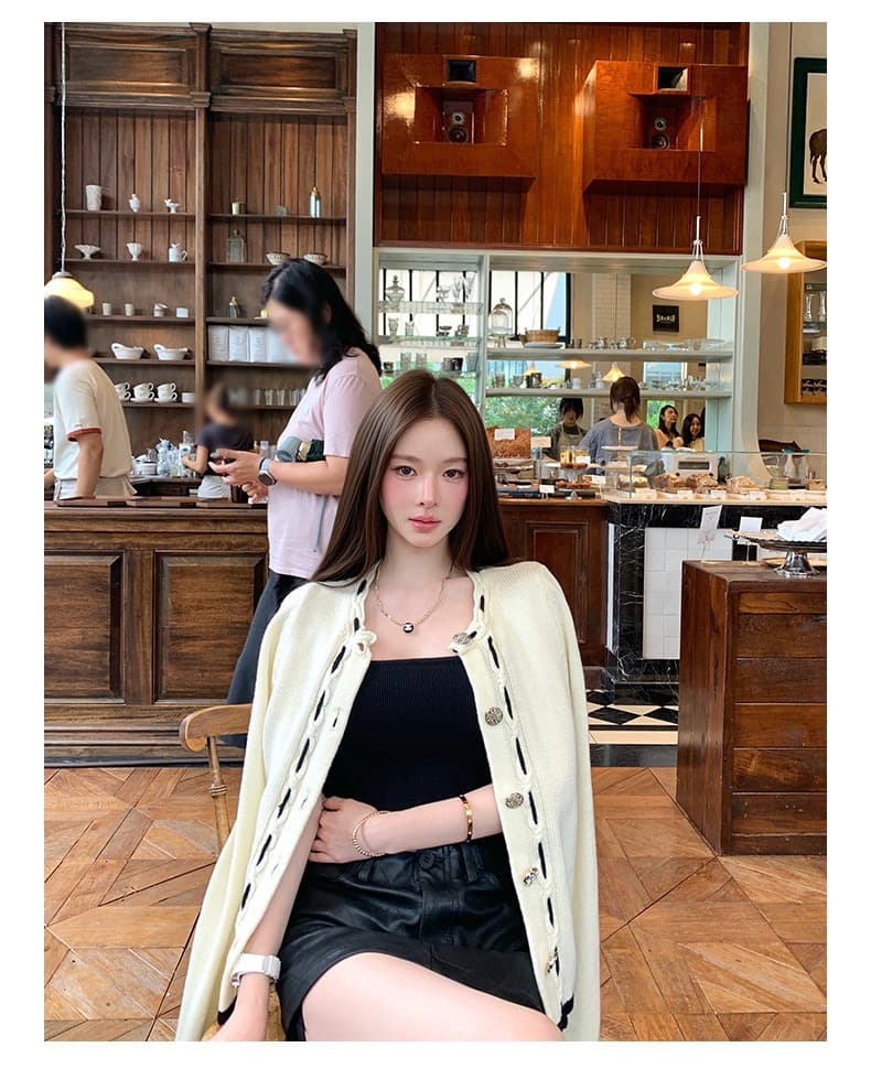 작은 샤넬 스타일 배색 화이트 니트 오픈 가디건 여성 가을 겨울 2026 새로운 한 부서 착용 가져 가라. 부드러운 찹쌀 슬림해 보이는 스웨터 맨위 상세 이미지 6