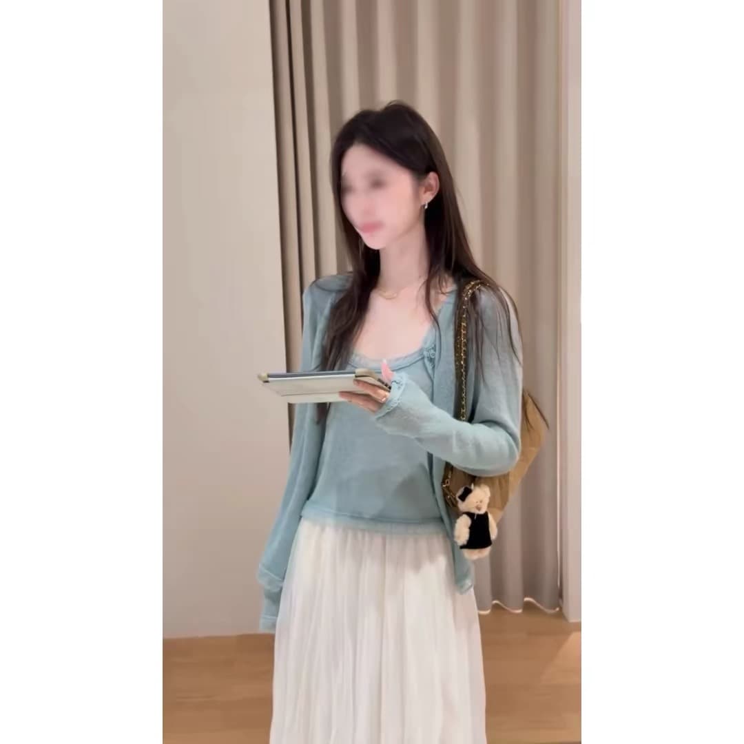 한 부서 분위기 센스 캐미솔 오픈 가디건 두 조각 여성 세트 가을 몸매 가꾸기 슬림해 보이는 스택 착용 디자인 센스 세트 착용 가져 가라. 이미지 2