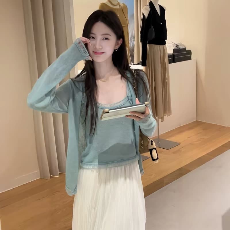 한 부서 분위기 센스 캐미솔 오픈 가디건 두 조각 여성 세트 가을 몸매 가꾸기 슬림해 보이는 스택 착용 디자인 센스 세트 착용 가져 가라. 상세 이미지 1