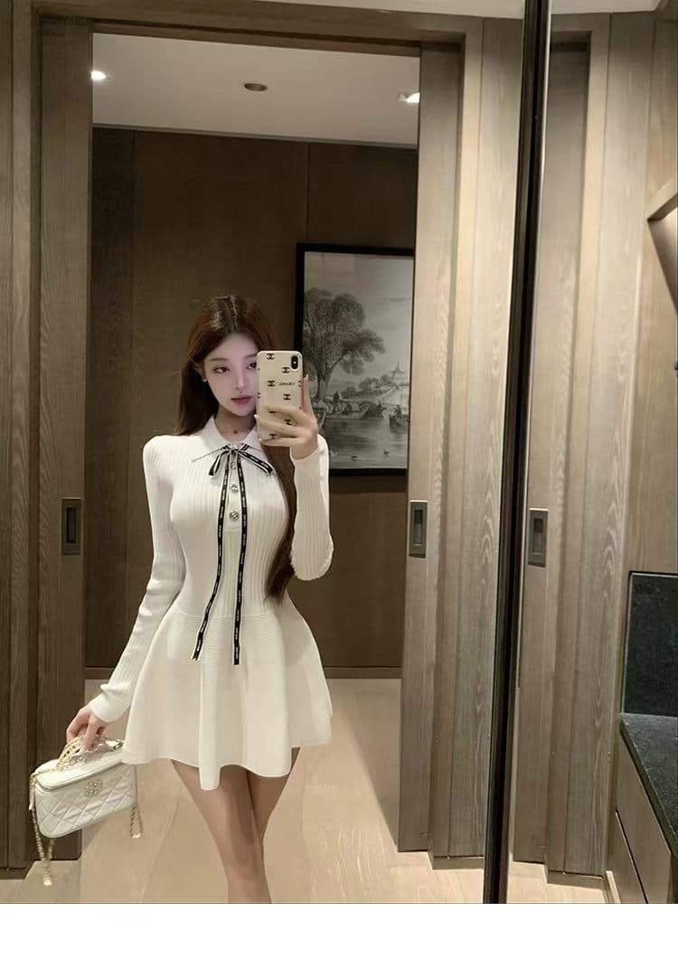luna 루 Na 12.8 신제품 니트 드레스 장 원 영어 스타일 소녀 폴로 칼라 허리 수축 퍼프 스커트 초단 스커트 이미지 2