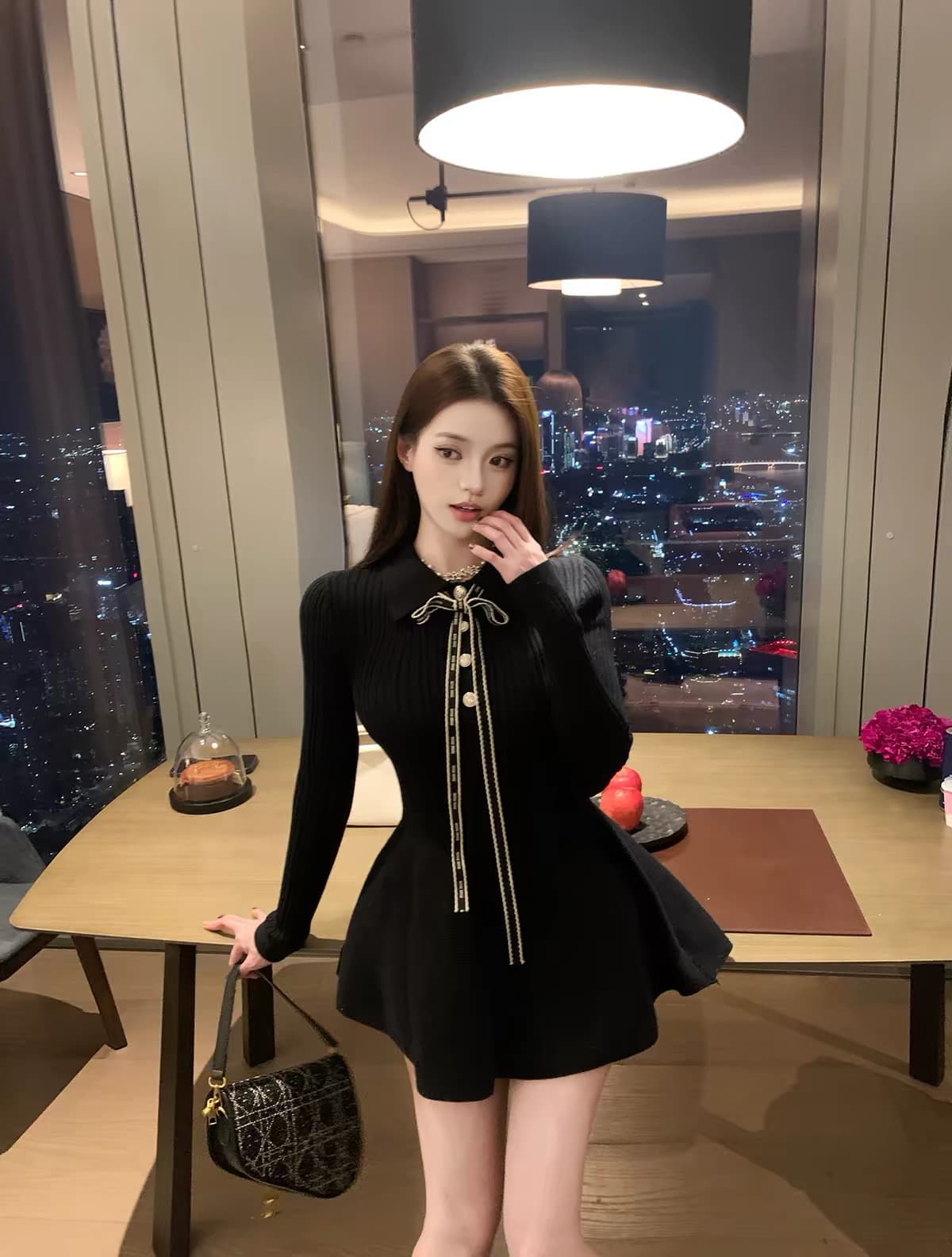 luna 루 Na 12.8 신제품 니트 드레스 장 원 영어 스타일 소녀 폴로 칼라 허리 수축 퍼프 스커트 초단 스커트 이미지 3