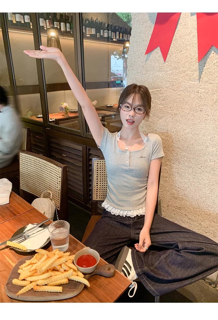 정가 경관 그림 원본 품질 한 부서 달콤한 자매 레이스 조각 행침 목 반팔 티셔츠 캐주얼 맨위 상세 이미지 5