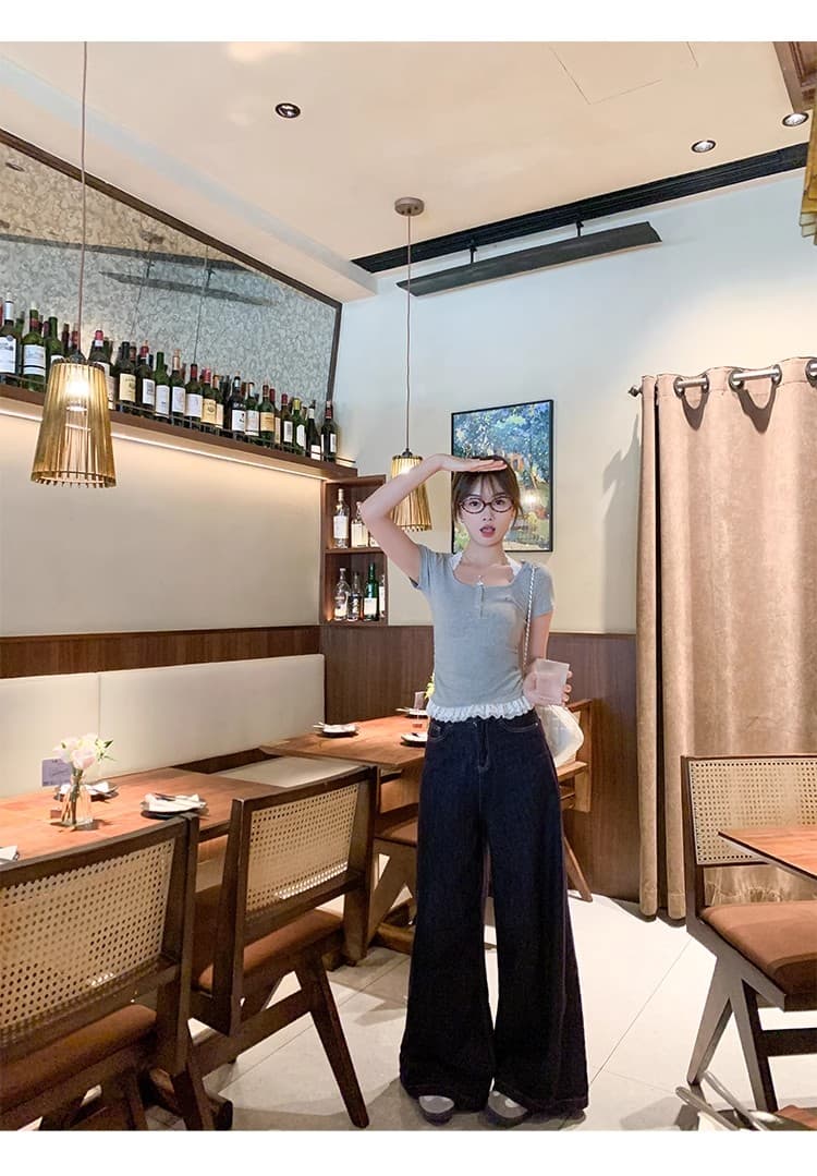 정가 경관 그림 원본 품질 한 부서 달콤한 자매 레이스 조각 행침 목 반팔 티셔츠 캐주얼 맨위 상세 이미지 7