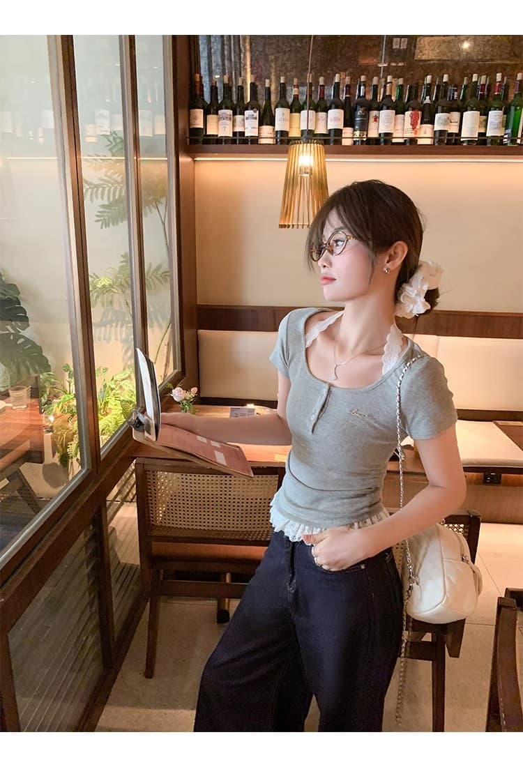 정가 경관 그림 원본 품질 한 부서 달콤한 자매 레이스 조각 행침 목 반팔 티셔츠 캐주얼 맨위 상세 이미지 9
