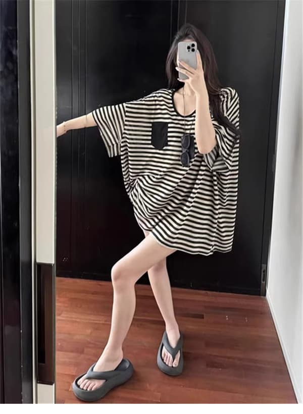 경관 그림 원본 원단 스트라이프 V넥 반팔 티셔츠 루즈핏 느긋한 느슨함 센스 맨위 상세 이미지 6