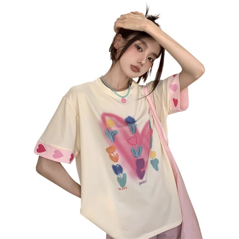 도파민 달콤한 스타일 착용 가져 가라. 루즈핏 맨위 여름 디자인 센스 헤일로 염색 꽃 하트 프린트 반팔 티셔츠 여성 이미지 5