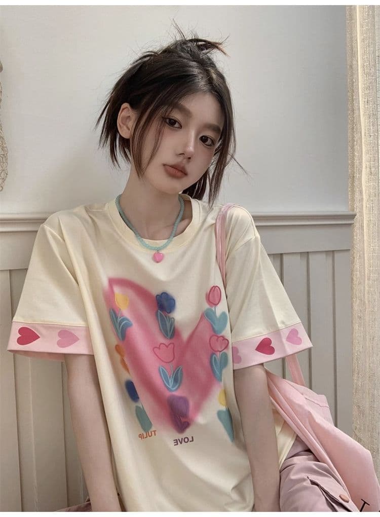도파민 달콤한 스타일 착용 가져 가라. 루즈핏 맨위 여름 디자인 센스 헤일로 염색 꽃 하트 프린트 반팔 티셔츠 여성 상세 이미지 3