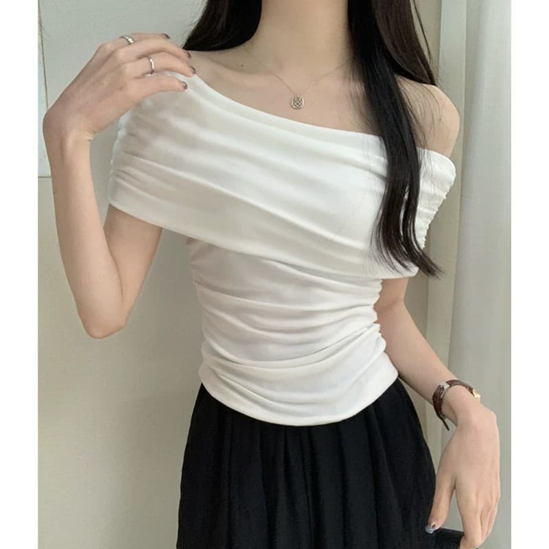 정가 경관 그림 원본 품질 오프숄더 티셔츠 여성 여름 순수한 욕망 몸매 가꾸기 쇼트 스타일 맨위 이미지 4