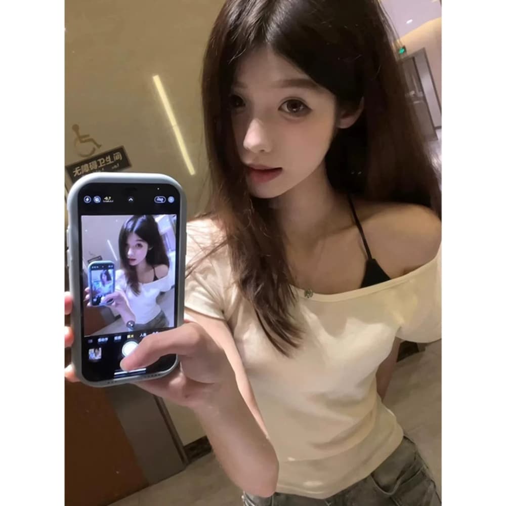 원본 품질 순수한 욕망 오프숄더 반팔 티셔츠 여성 여름 몸매 가꾸기 다용도 맨위 이미지 4