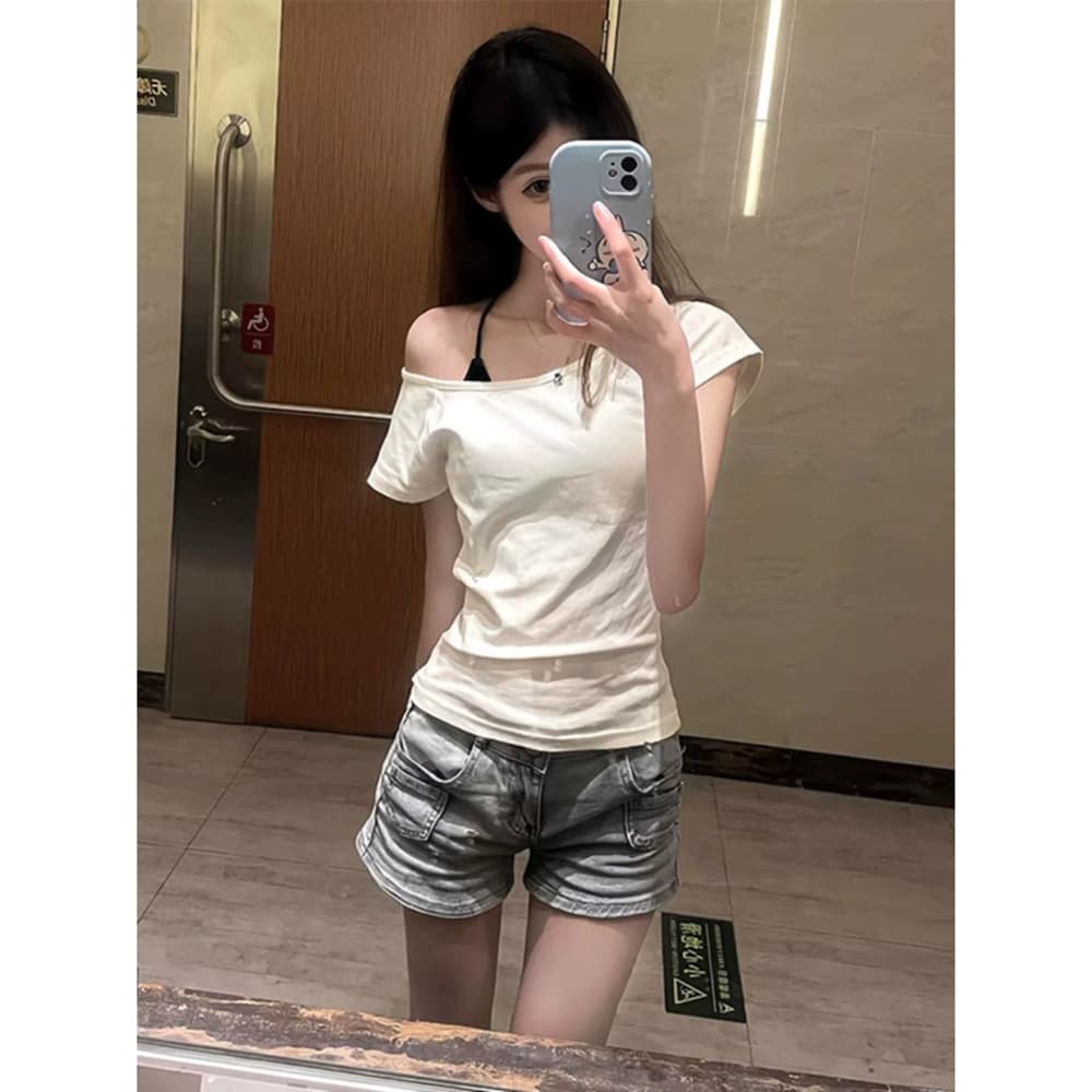 원본 품질 순수한 욕망 오프숄더 반팔 티셔츠 여성 여름 몸매 가꾸기 다용도 맨위