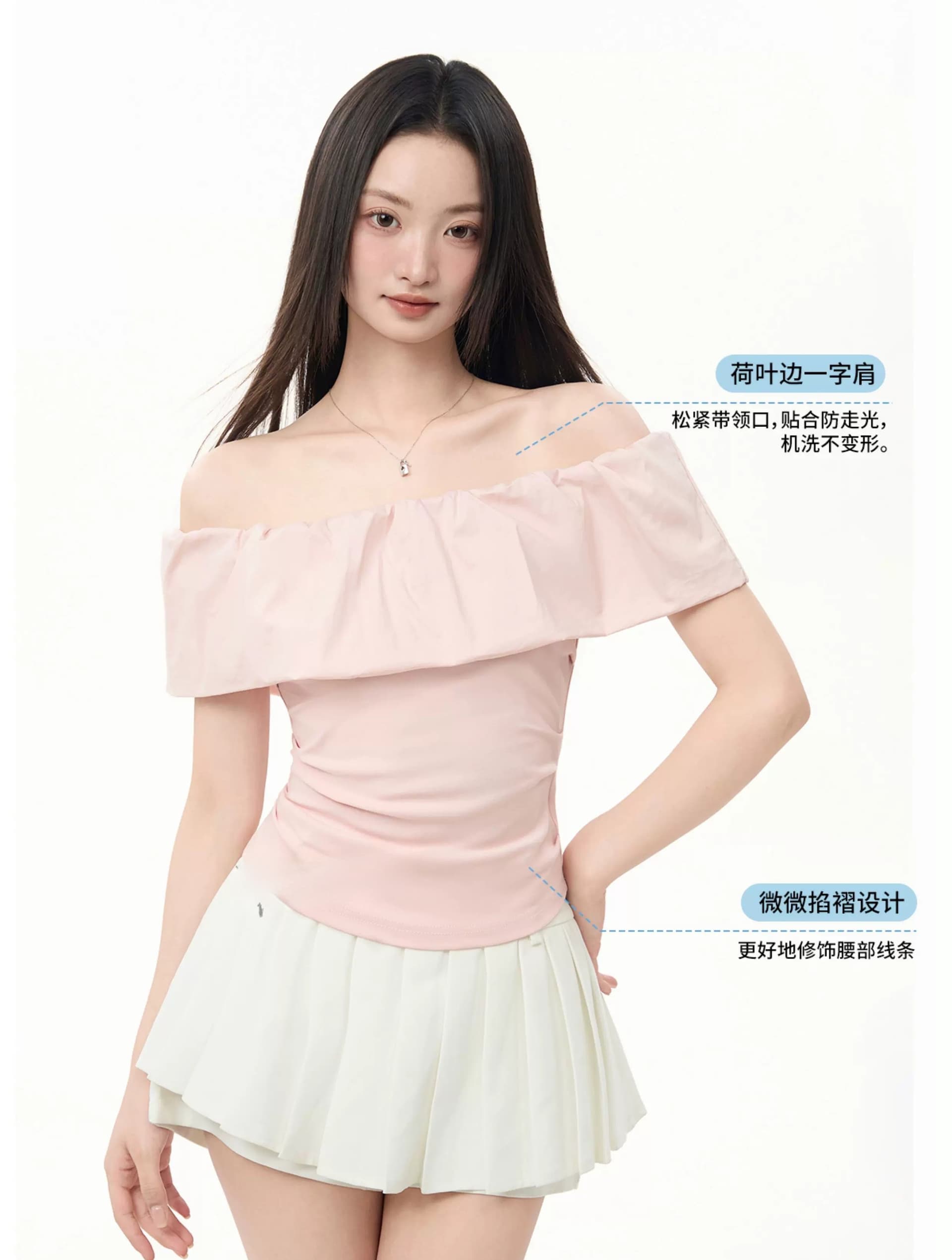 정가 경관 그림 원본 품질 프릴 오프숄더 오프숄더 반팔 티셔츠 프랑스식 맨위 상세 이미지 4