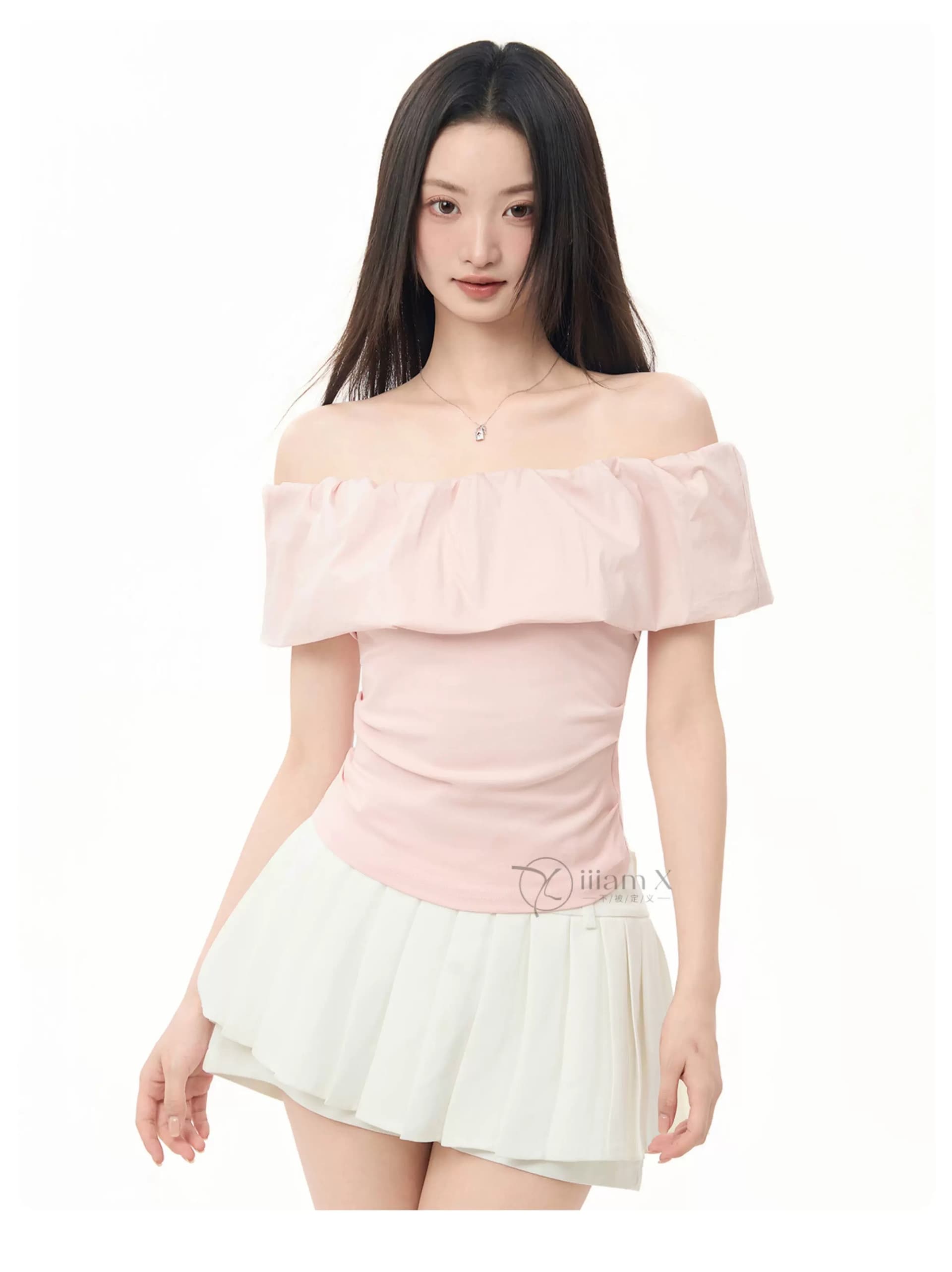 정가 경관 그림 원본 품질 프릴 오프숄더 오프숄더 반팔 티셔츠 프랑스식 맨위 상세 이미지 5
