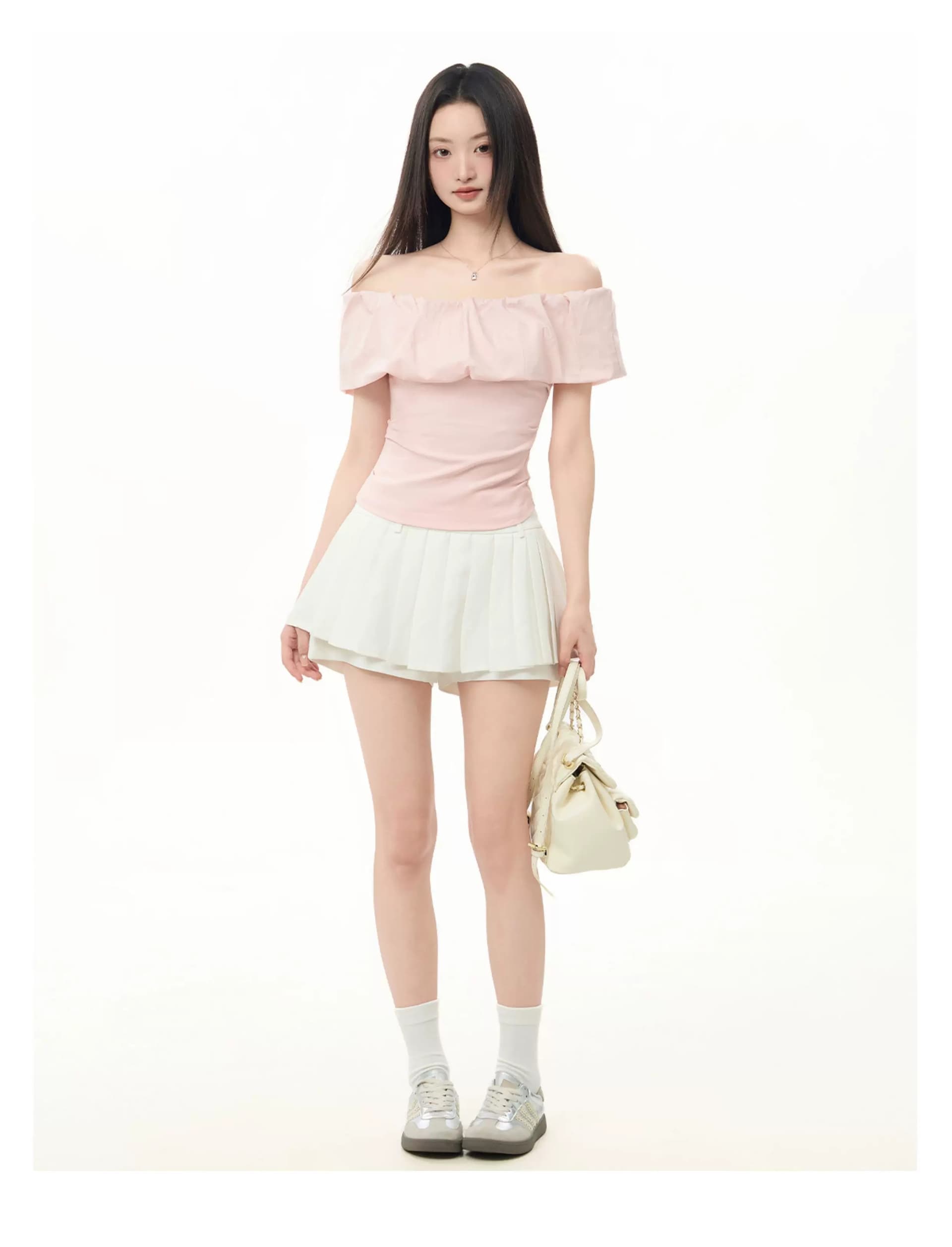 정가 경관 그림 원본 품질 프릴 오프숄더 오프숄더 반팔 티셔츠 프랑스식 맨위 상세 이미지 6