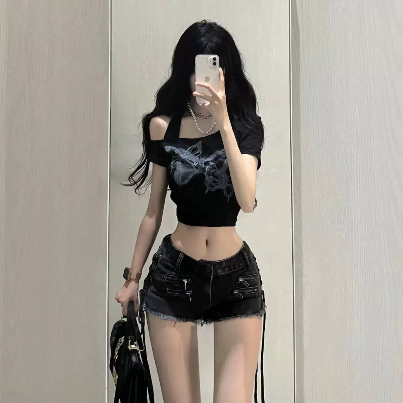 정가 경관 그림 원본 품질 나비 오프숄더 행침 목 반팔 티셔츠 여성 여름 이슬 뼈의 맨위 상세 이미지 4