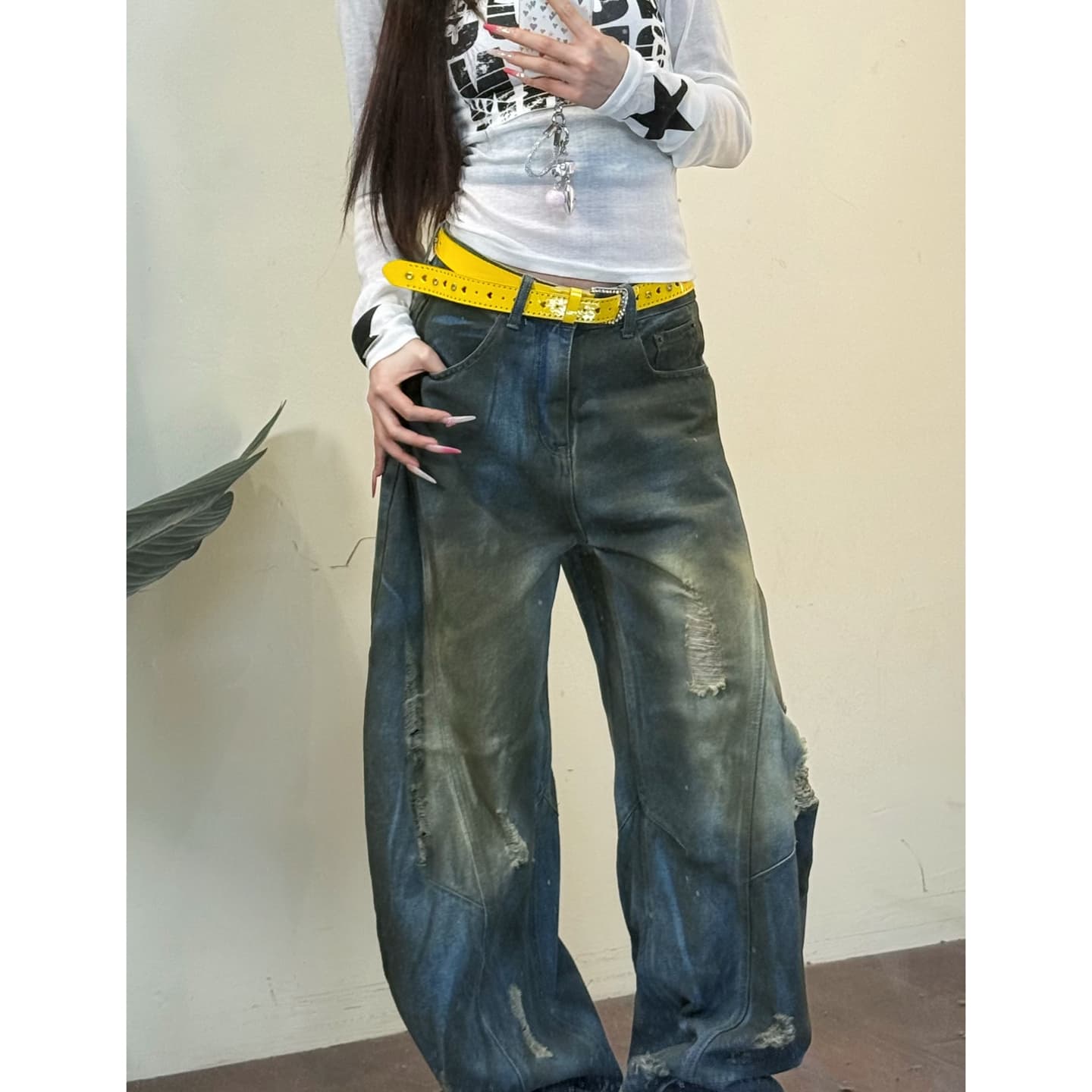 정가 경관 그림 원본 품질 아메리칸 레트로 찢어진 넓은 다리 모통이 칼 청바지 하이웨이스트 다용도 상세 이미지 5