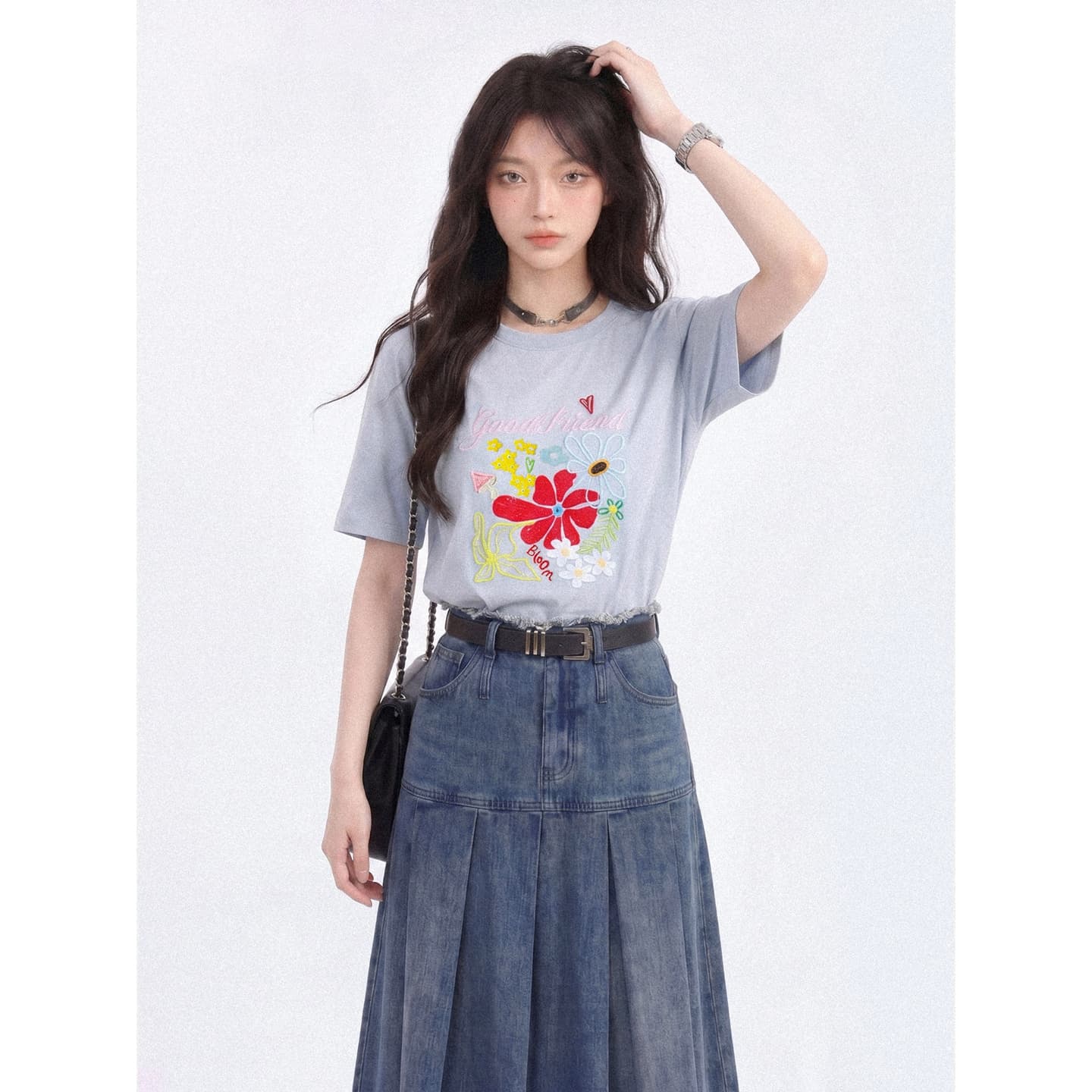 경관 그림 원본 품질 여름 새로운 디자인 센스 꽃 프린트 반팔 티셔츠 맨위