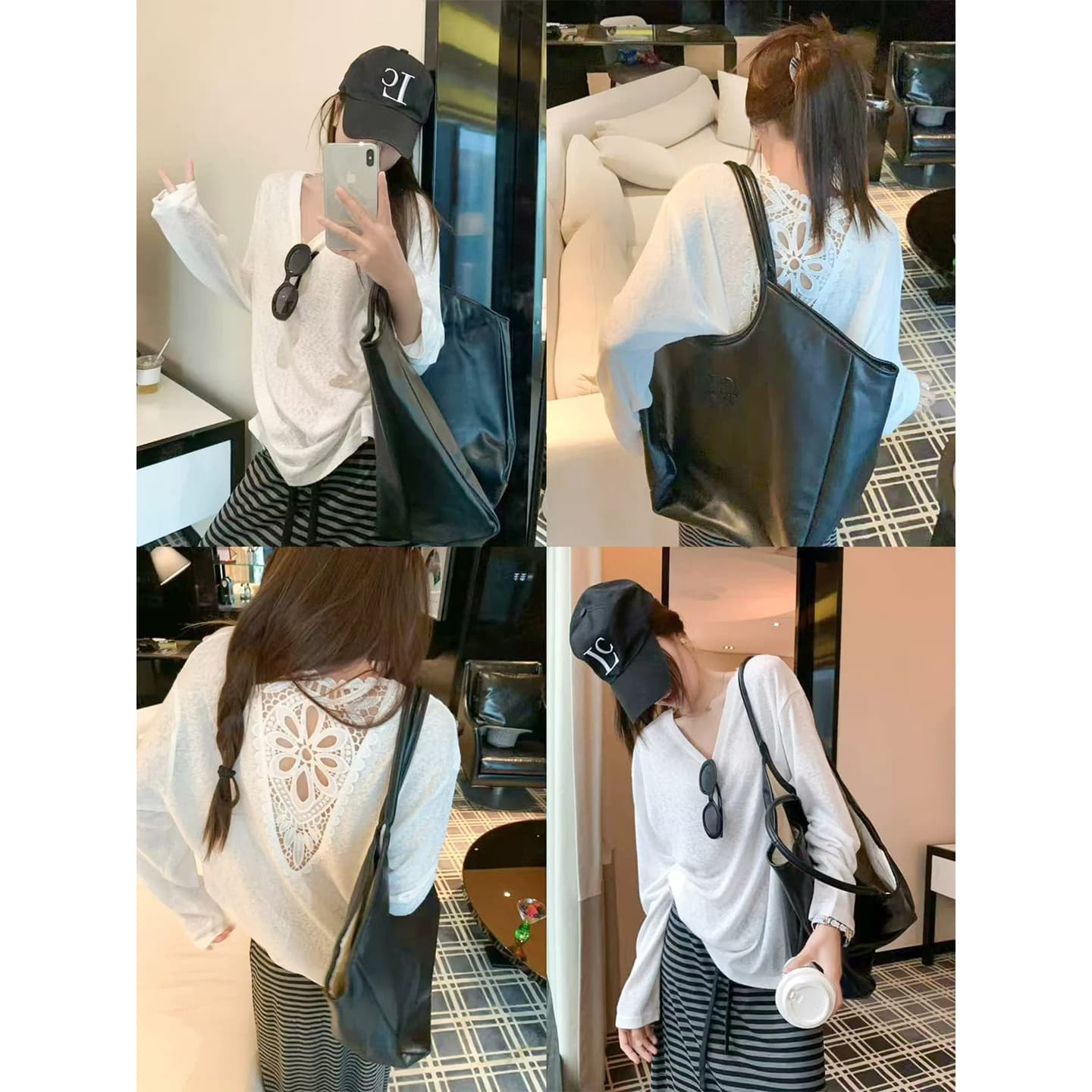 원본 것 한 부서 뒤로 홀로우 아웃 화이트 V넥 긴팔 티셔츠 자외선 차단 블라우스