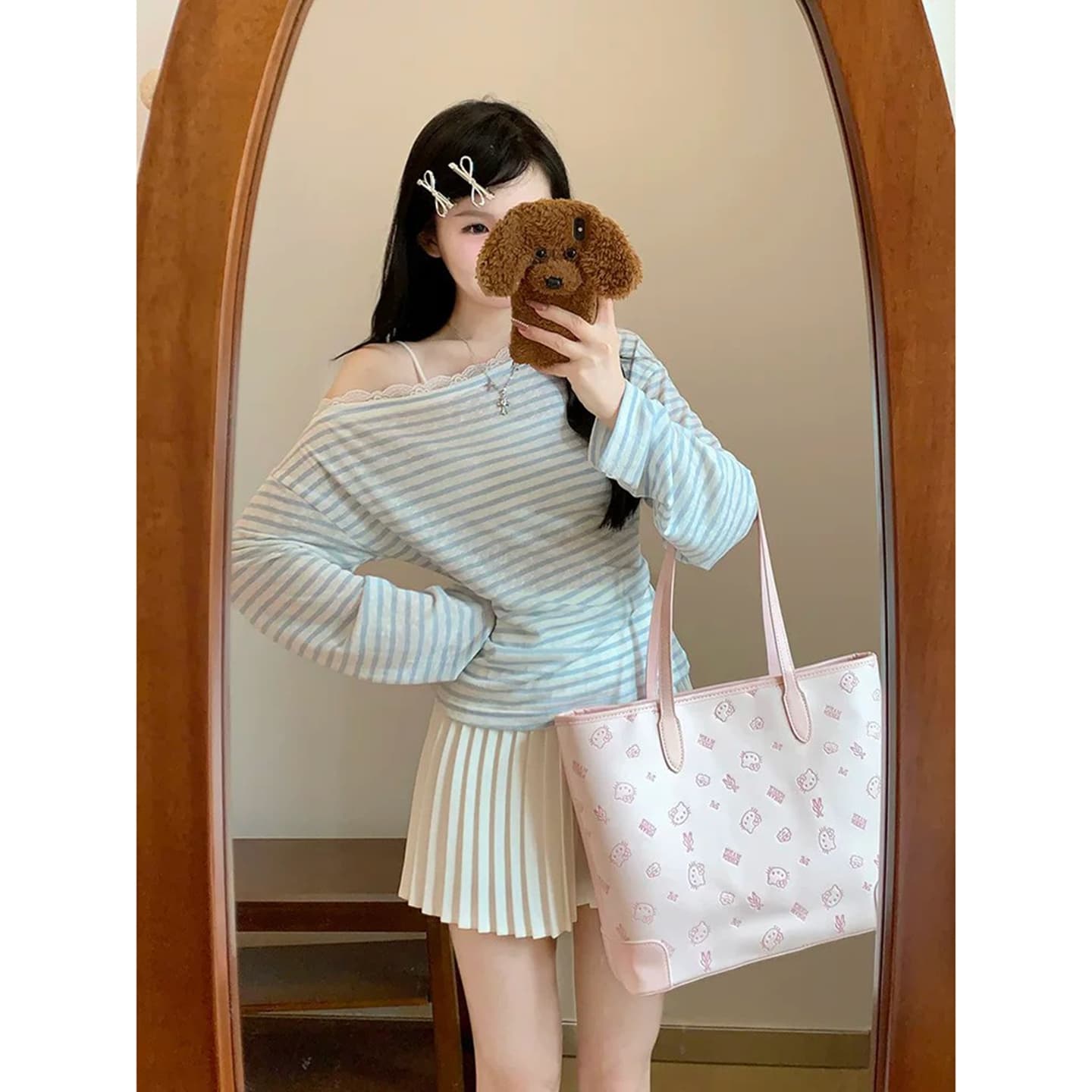 정가 경관 그림 원본 품질 달콤한 스타일 레이스 조각 비스듬한 어깨 긴팔 티셔츠 오프숄더 맨위 이미지 2