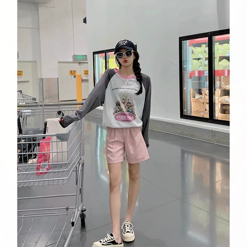 원본 품질 배색 프린트 긴팔 티셔츠 여성 가을 얇은 스타일 루즈핏 맨위 이미지 2