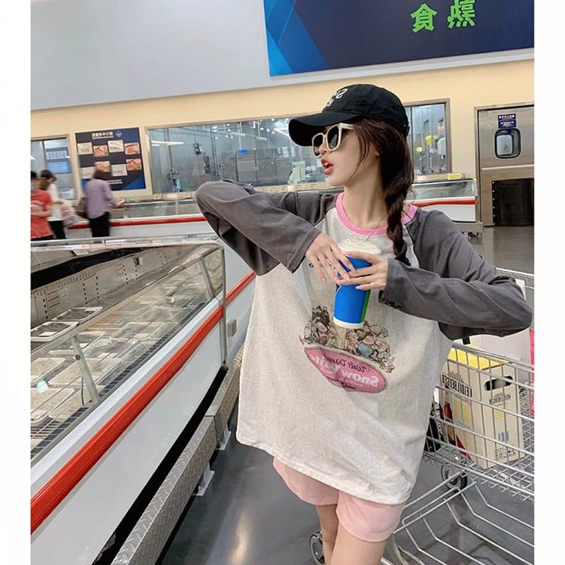 원본 품질 배색 프린트 긴팔 티셔츠 여성 가을 얇은 스타일 루즈핏 맨위 이미지 4
