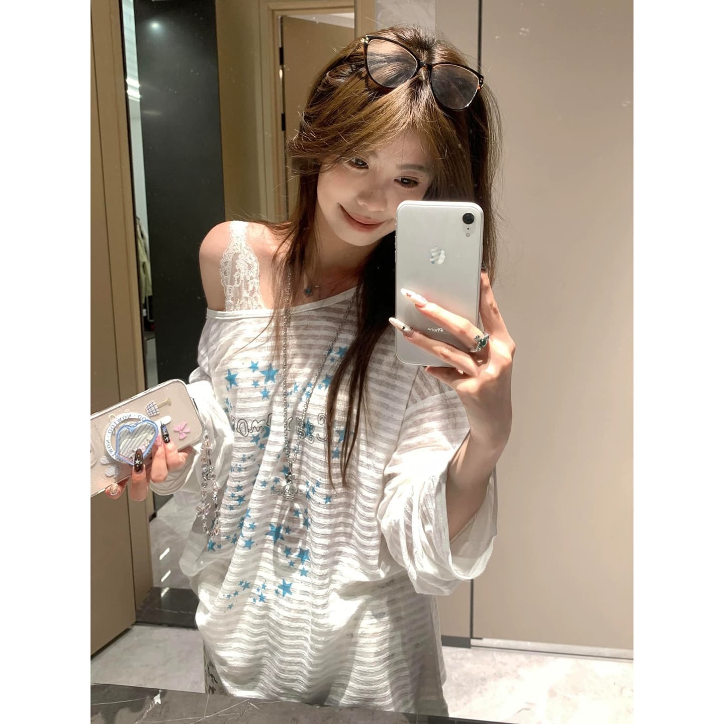 정가 경관 그림 원본 품질 아메리칸 핫걸 오프숄더 비스듬한 어깨 긴팔 자외선 차단 블라우스 티셔츠 이미지 5