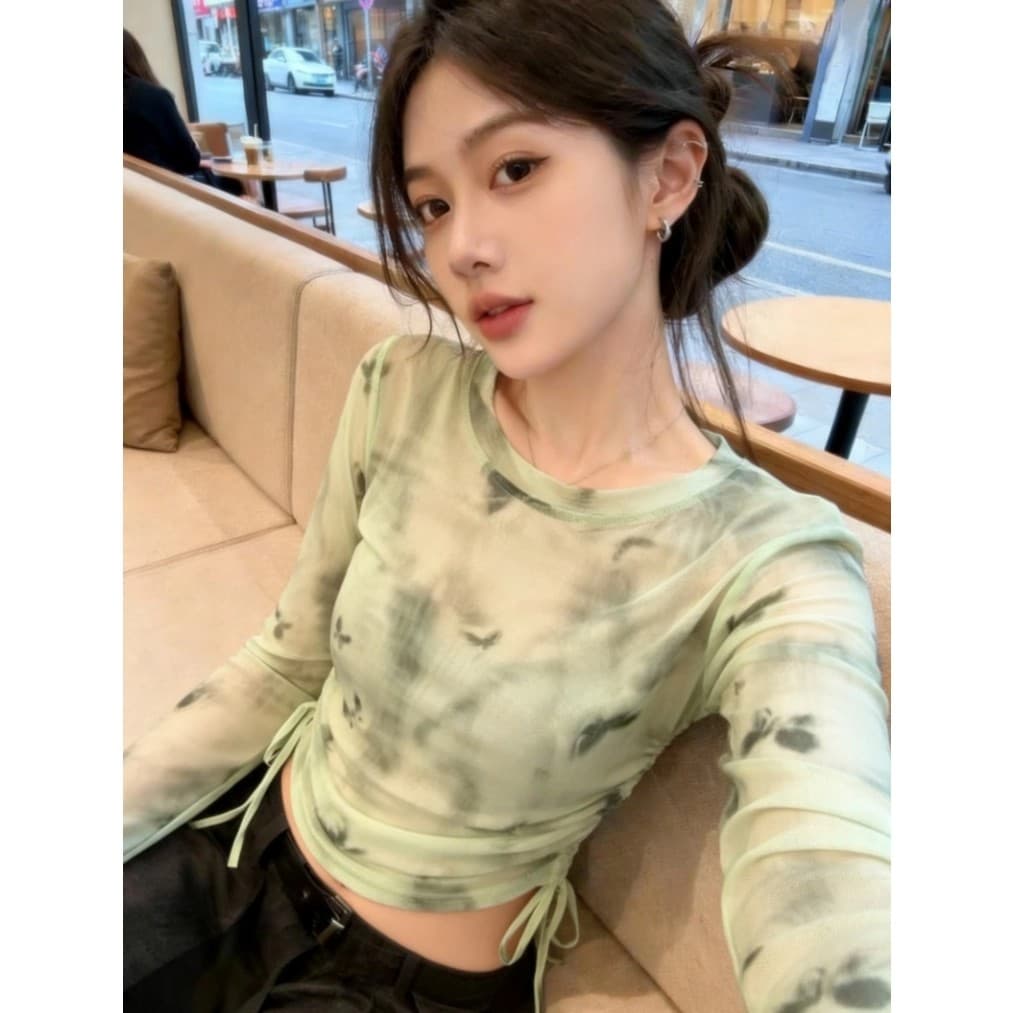 원본 품질 헤일로 염색 나비 긴팔 티셔츠 여성 새로운 펌프 Pleat 자외선 차단 블라우스 상세 이미지 7