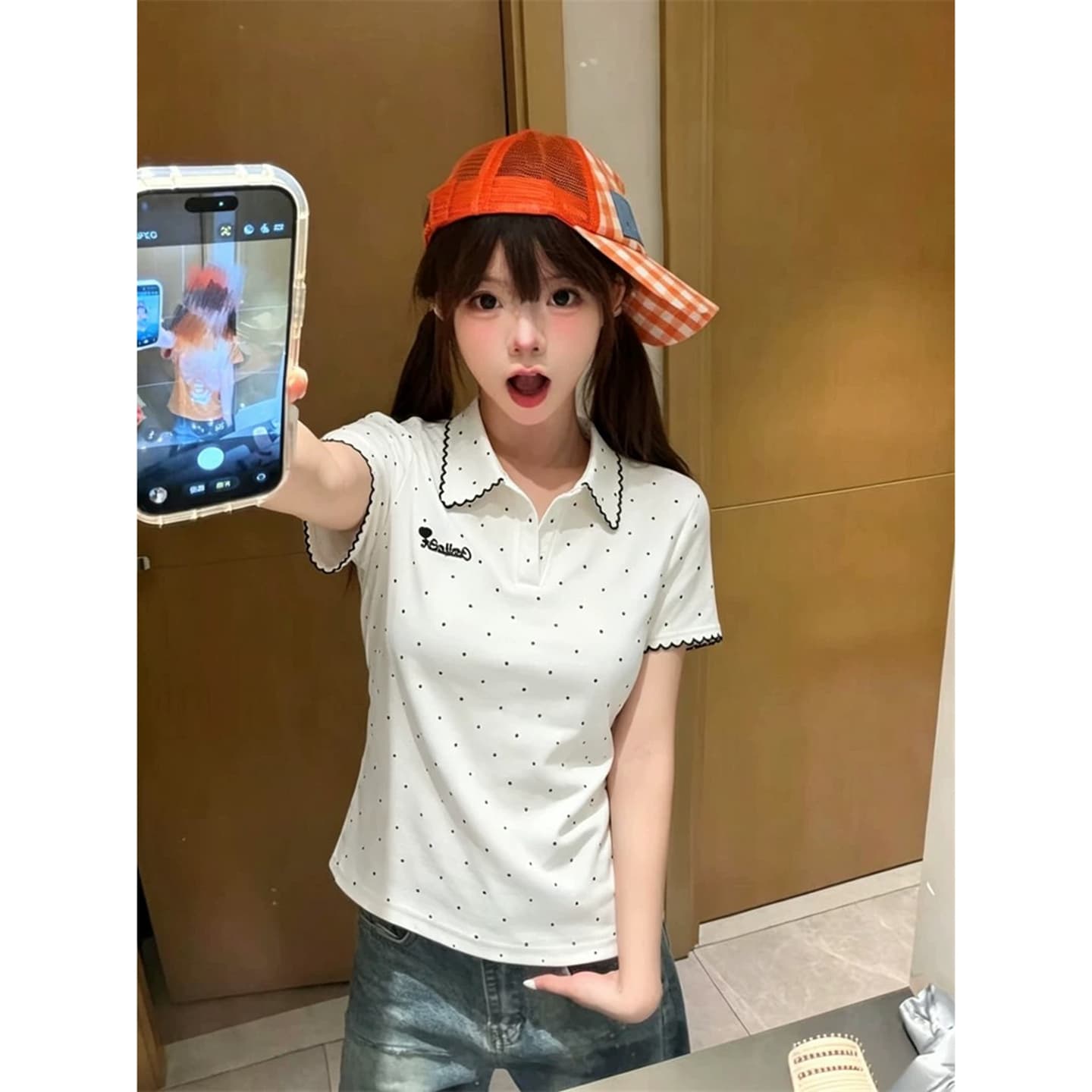 정가 경관 그림 원본 품질 한 부서 학원 스타일 도트 무늬 긍정적 인 어깨 POLO 칼라 반팔 티셔츠 이미지 3