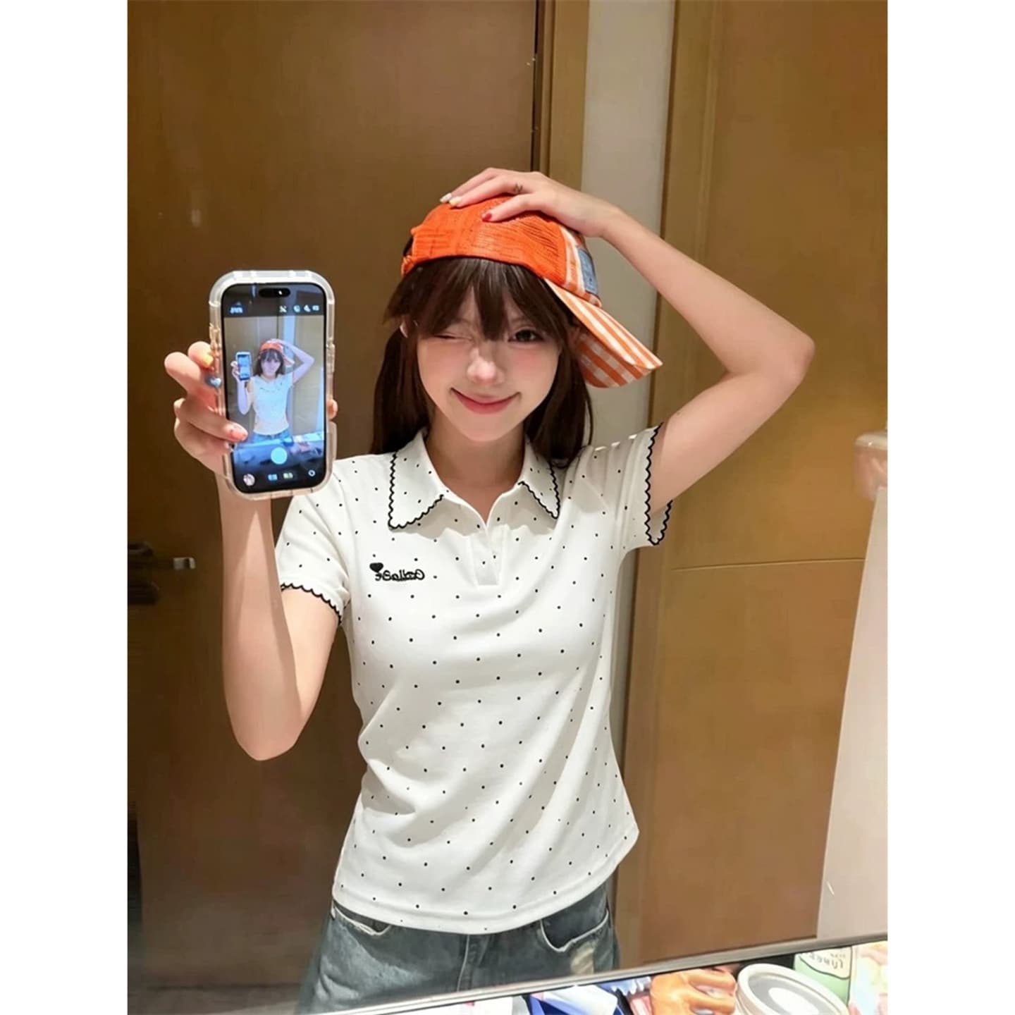 정가 경관 그림 원본 품질 한 부서 학원 스타일 도트 무늬 긍정적 인 어깨 POLO 칼라 반팔 티셔츠 이미지 2
