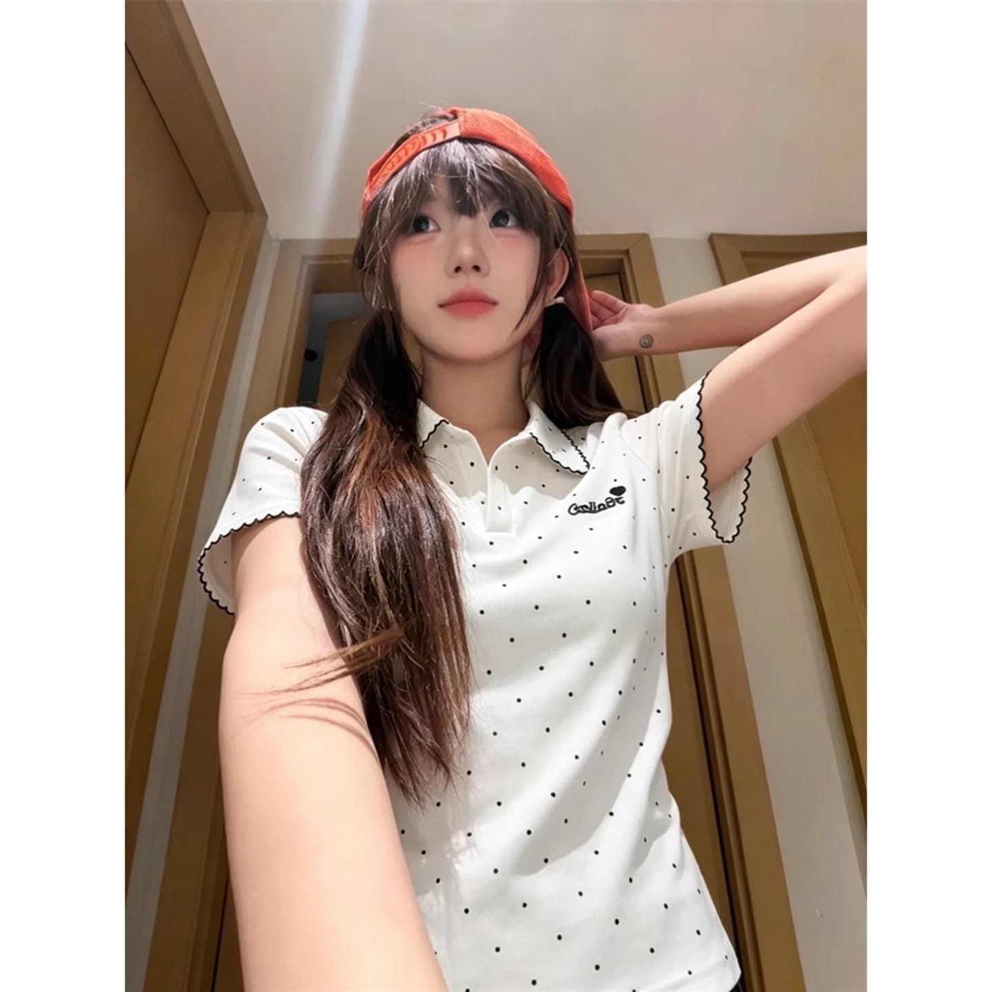정가 경관 그림 원본 품질 한 부서 학원 스타일 도트 무늬 긍정적 인 어깨 POLO 칼라 반팔 티셔츠