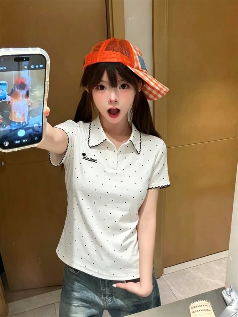 정가 경관 그림 원본 품질 한 부서 학원 스타일 도트 무늬 긍정적 인 어깨 POLO 칼라 반팔 티셔츠 상세 이미지 6