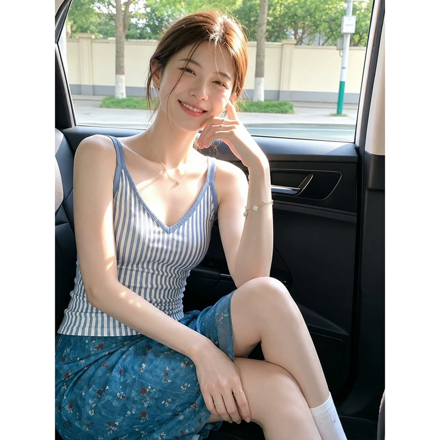 원본 품질 세로 줄무늬 V넥 캐미솔 여름 몸매 가꾸기 핫걸 바람 이미지 2
