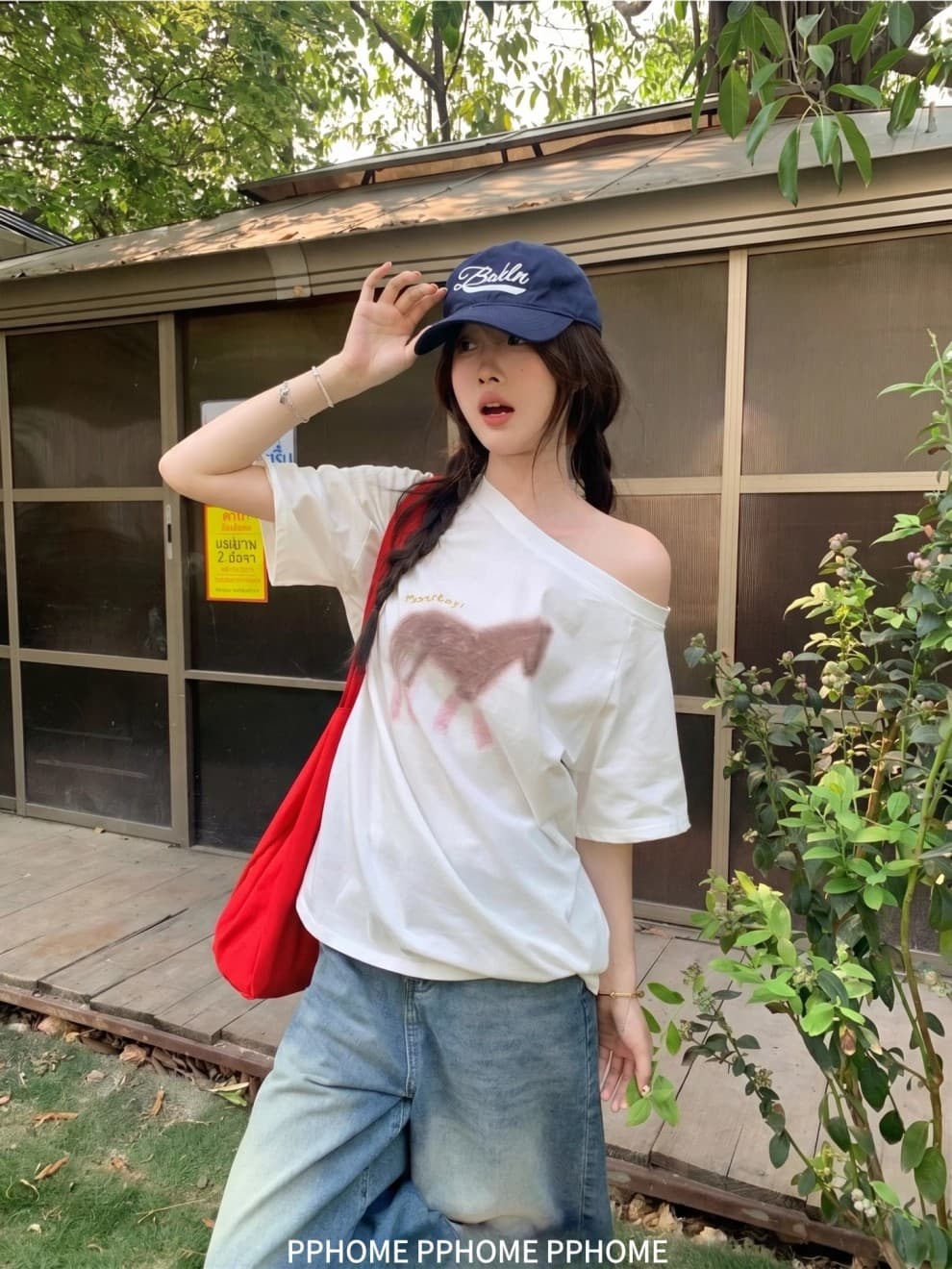 원본 품질 작은 말 프린트 티셔츠 블라우스 여성 여름 오프숄더 맨위 상세 이미지 6