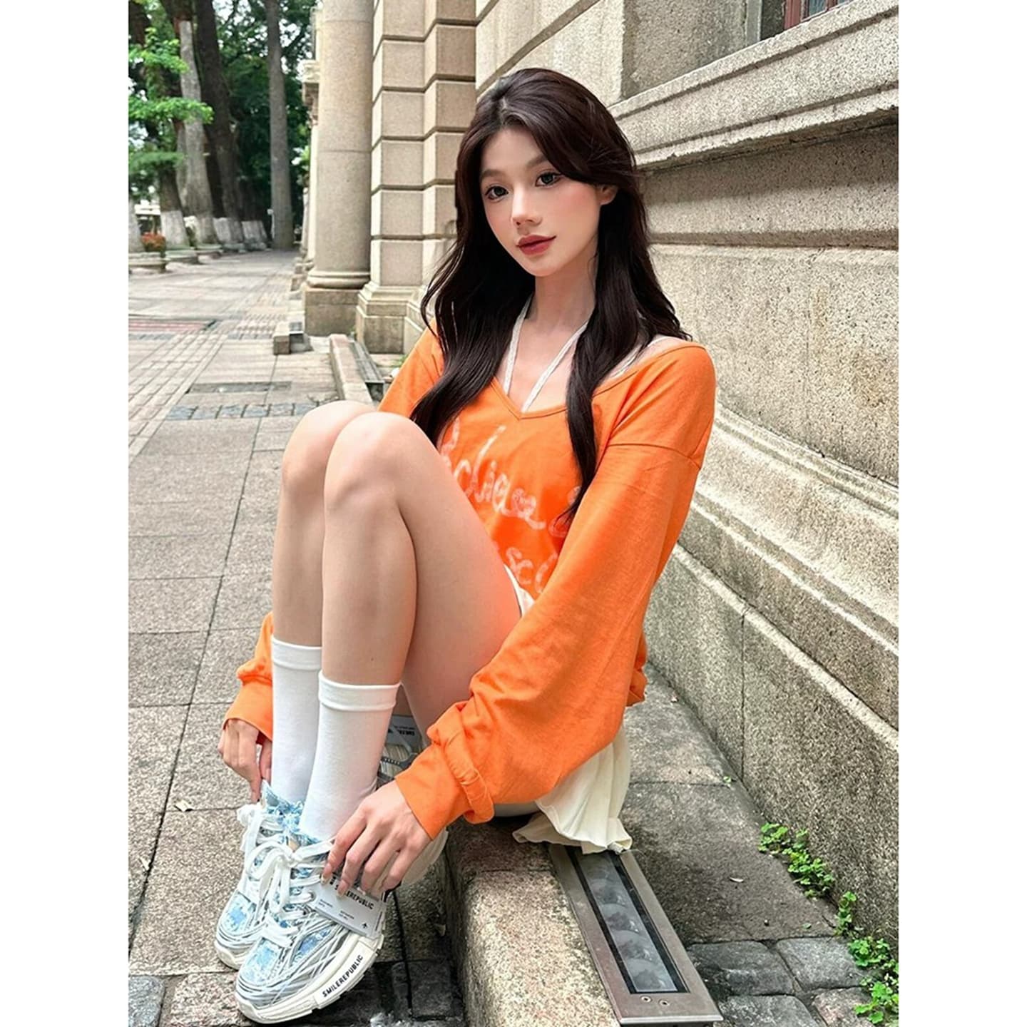 주황색 도파민 긴팔 티셔츠 여성 여름 알파벳 프린트 느긋한 자외선 차단 블라우스 루즈핏 캐주얼 다용도 맨위 이미지 5