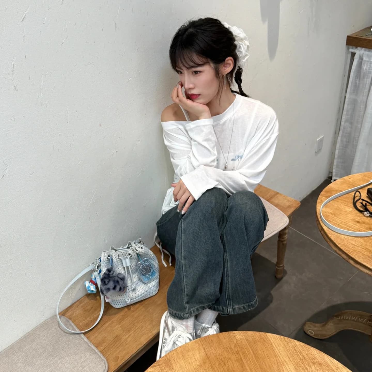 경관 그림 원본 것 디자인 센스 프린트 긴팔 자외선 차단 블라우스 소나무 비스듬한 어깨 의류 이미지 4
