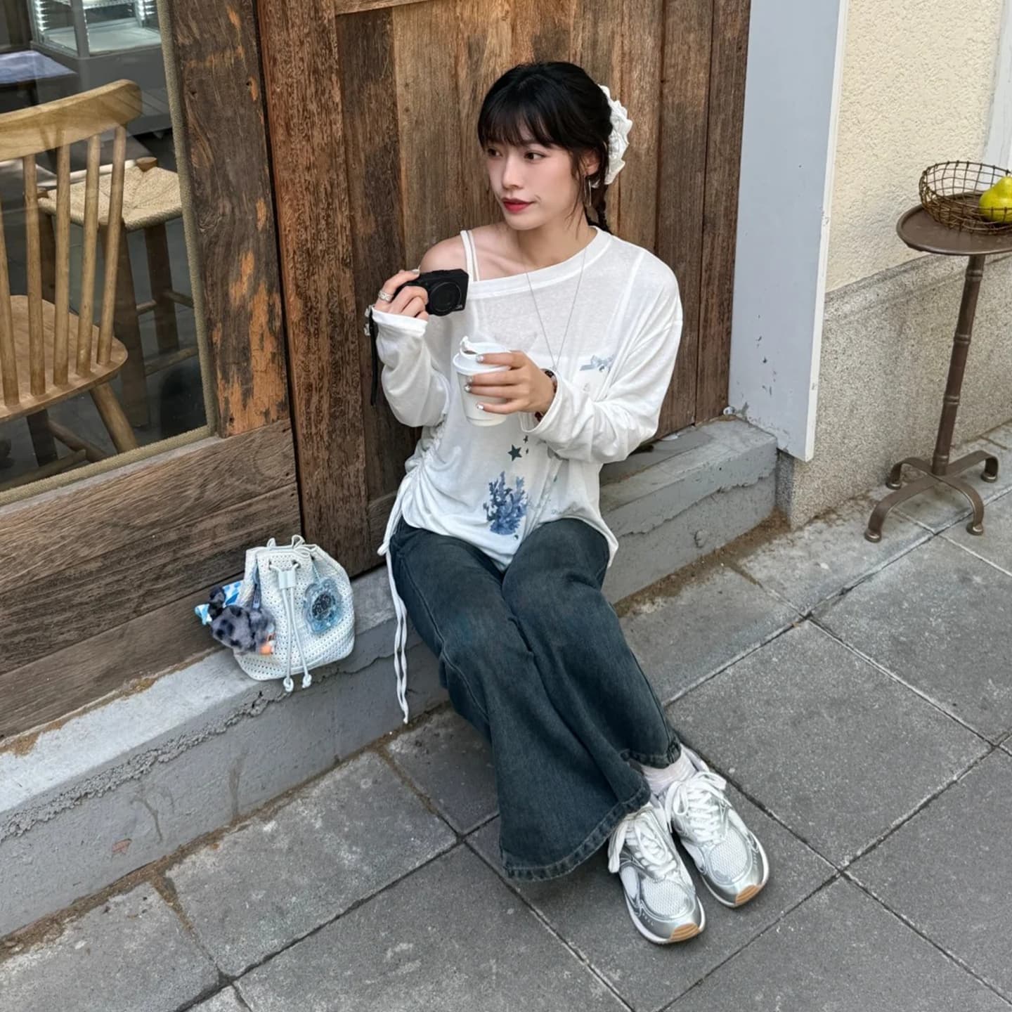경관 그림 원본 것 디자인 센스 프린트 긴팔 자외선 차단 블라우스 소나무 비스듬한 어깨 의류 이미지 5